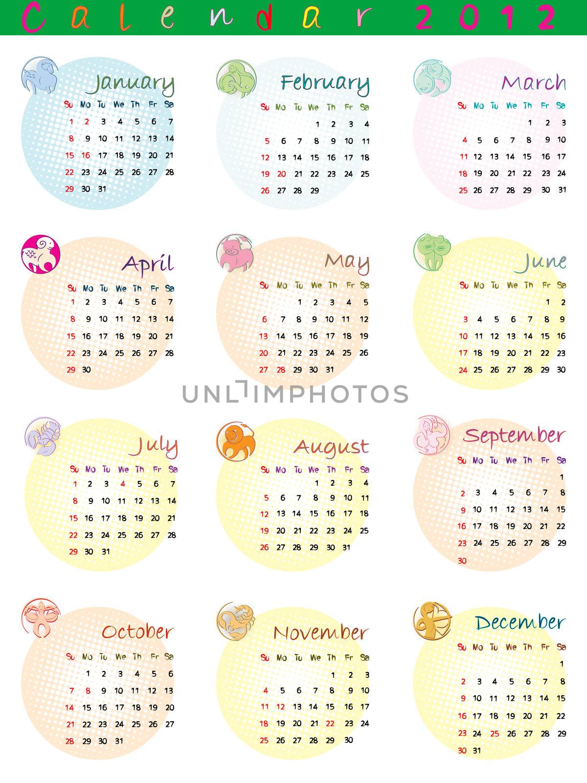 calendar 2012 with zodiac signs and pop art disco dots