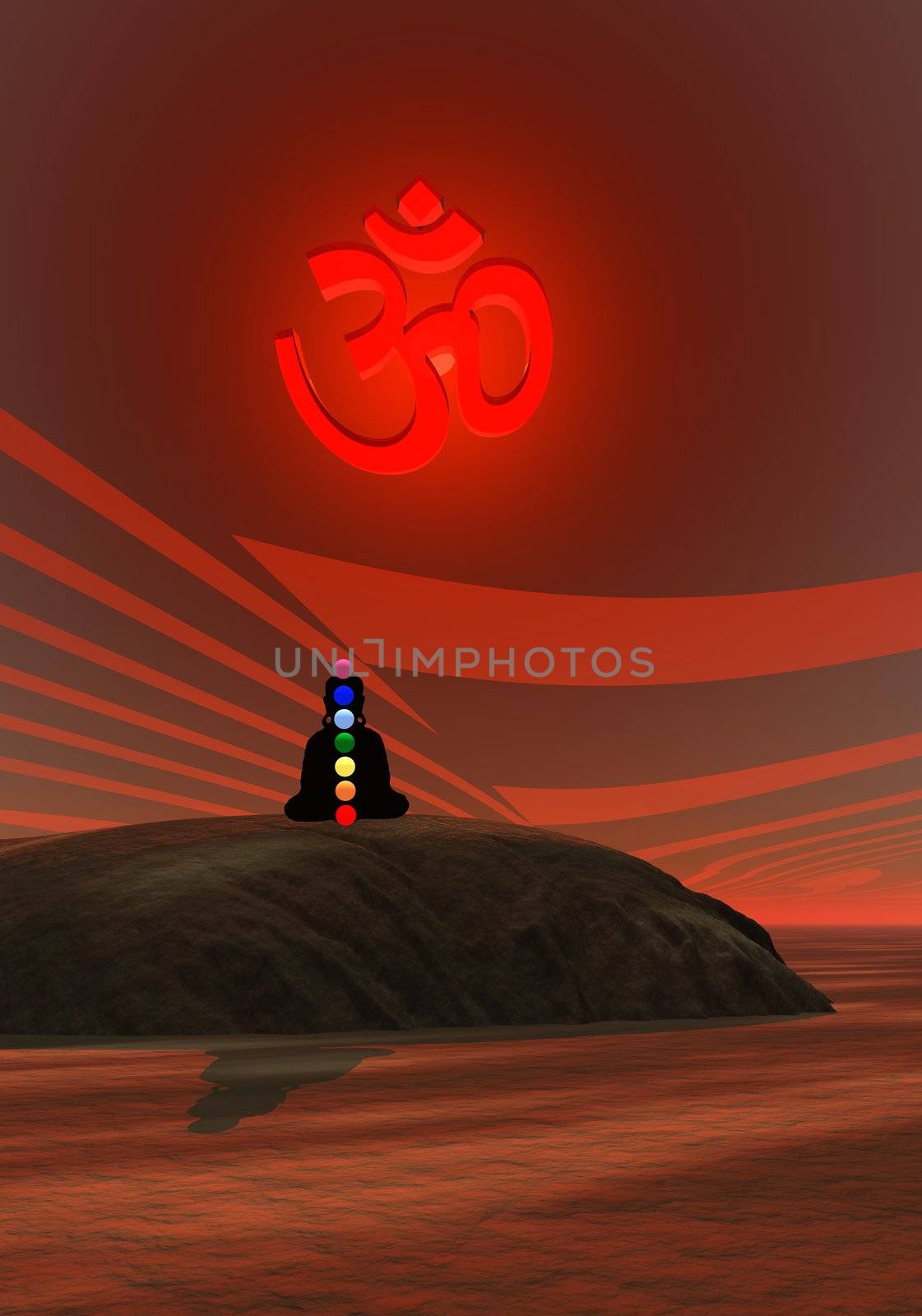 Shadow in meditation with chakras and aum