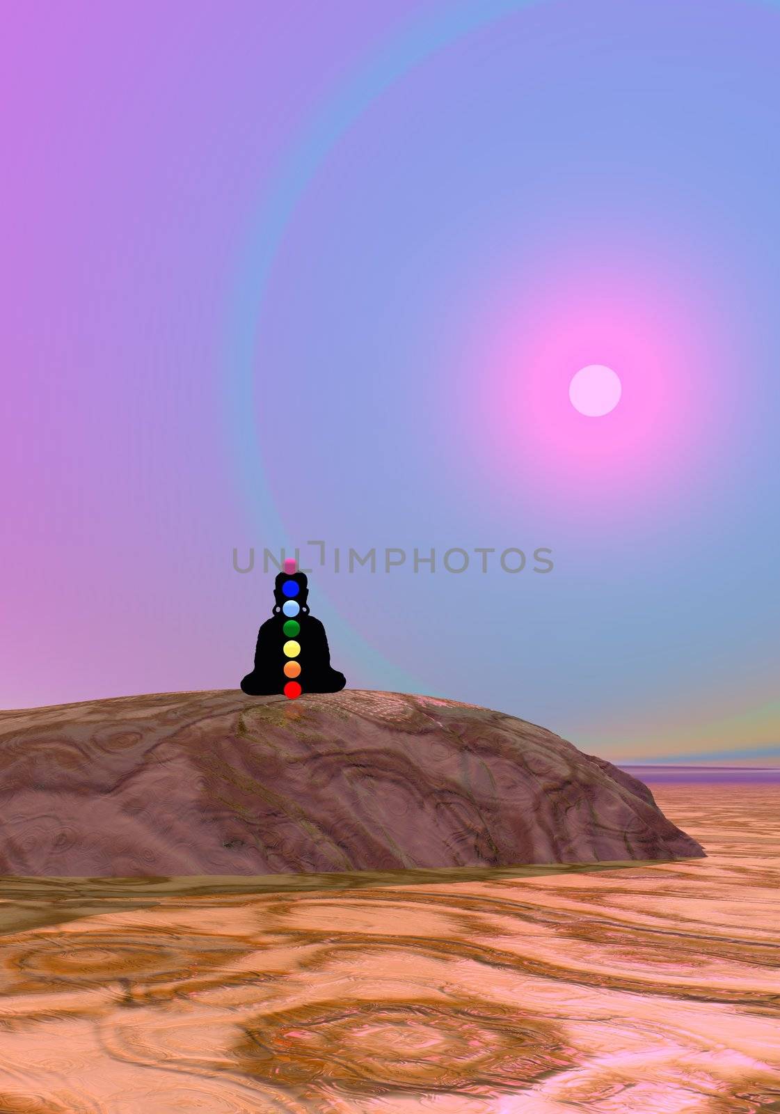 Shadow in meditation with chakras by violet sunset