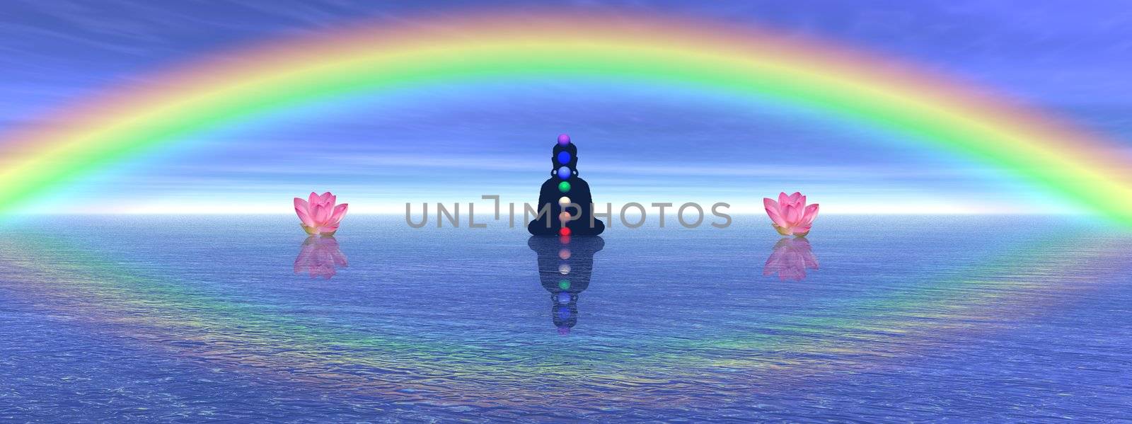 Shadow in meditation with chakras next to two waterlilies, on the ocean and under a big beautiful rainbow