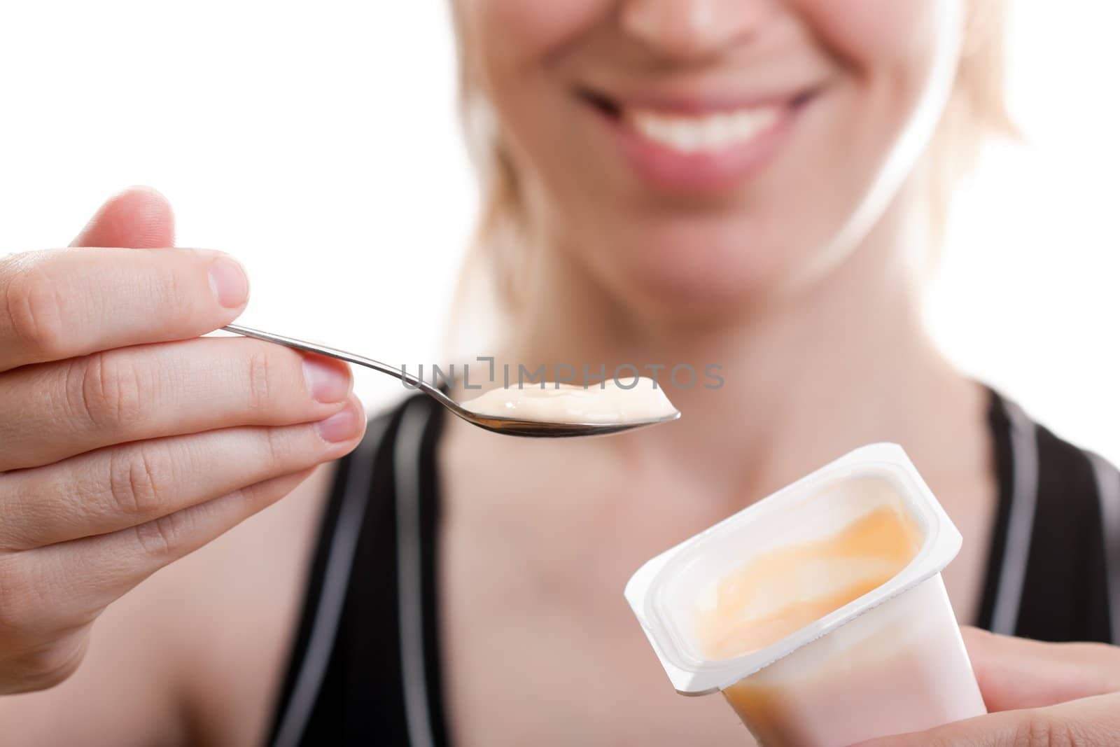 Smiling women eating healthy lifestyle yogurt food