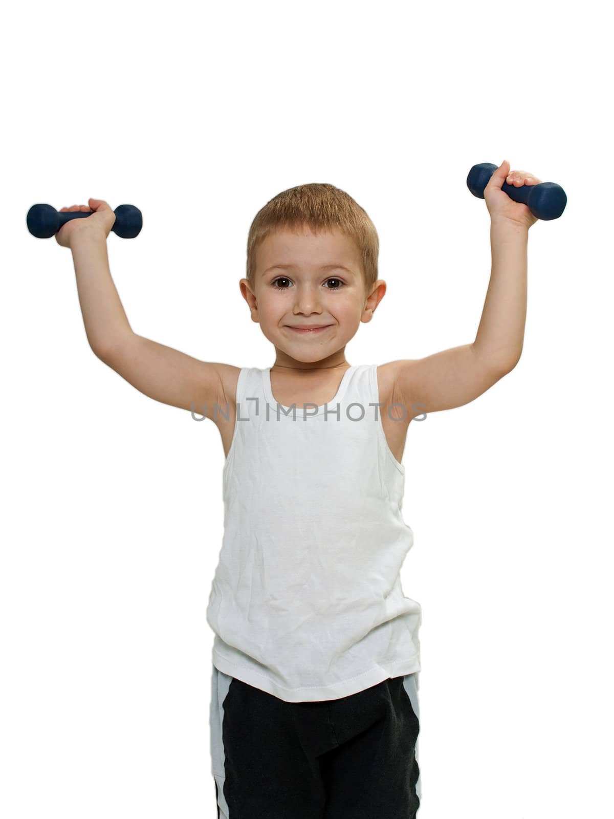 Healthy lifestyle child exercising dumbbell weight