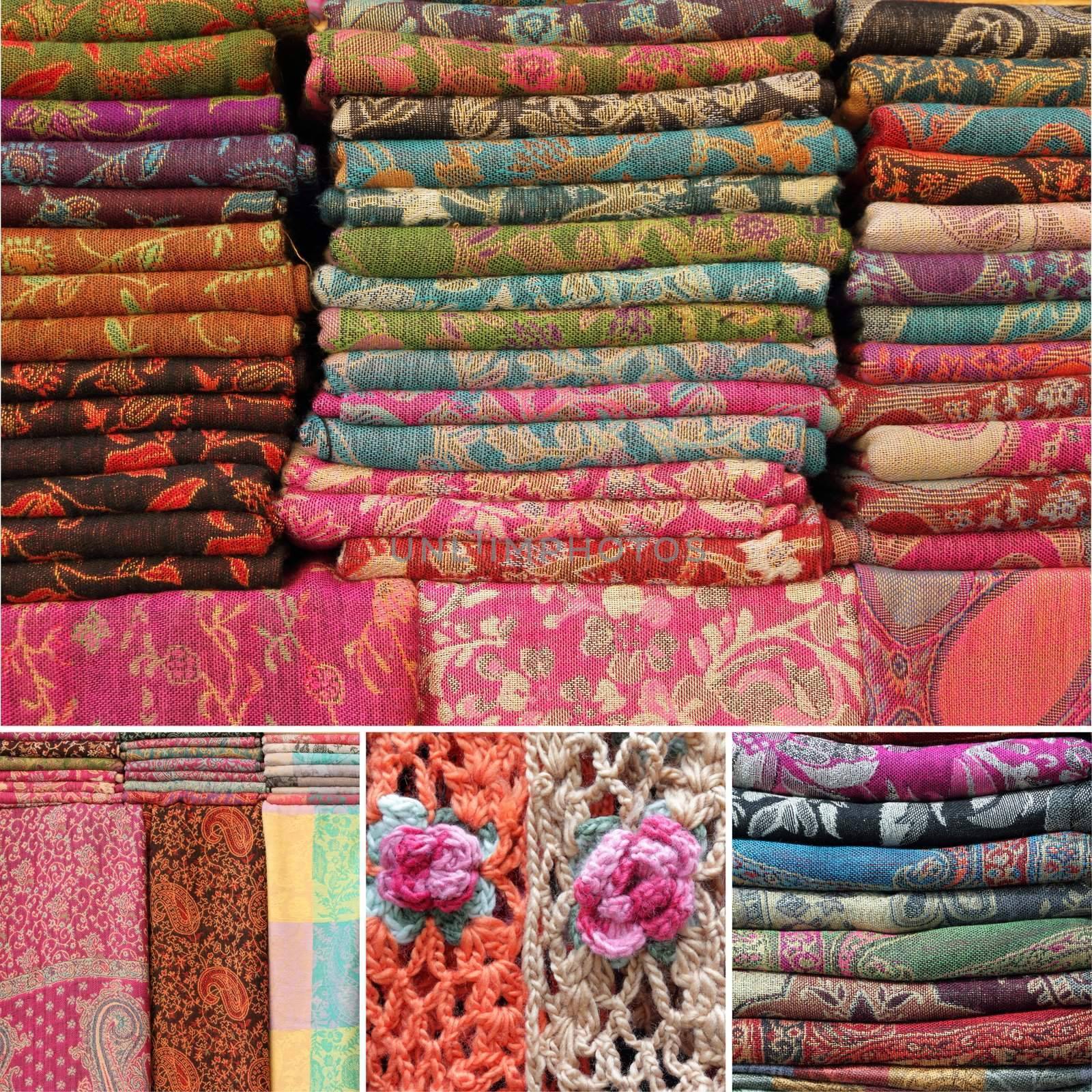 collage with colorful woolen scarfs on market 







collage with colorful woolen scarfs on market