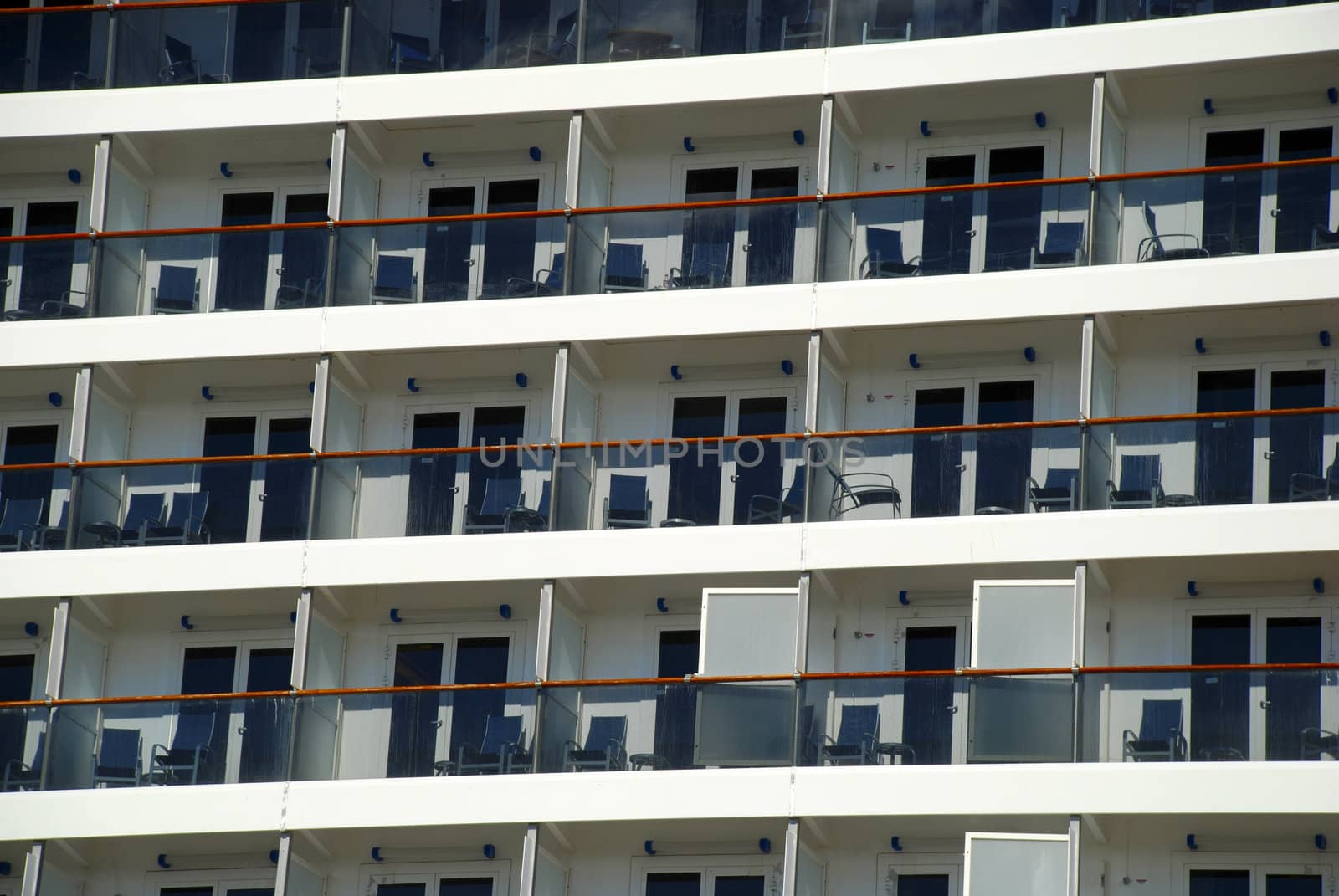 cruise ship with a view of the staterroms with outdoor views