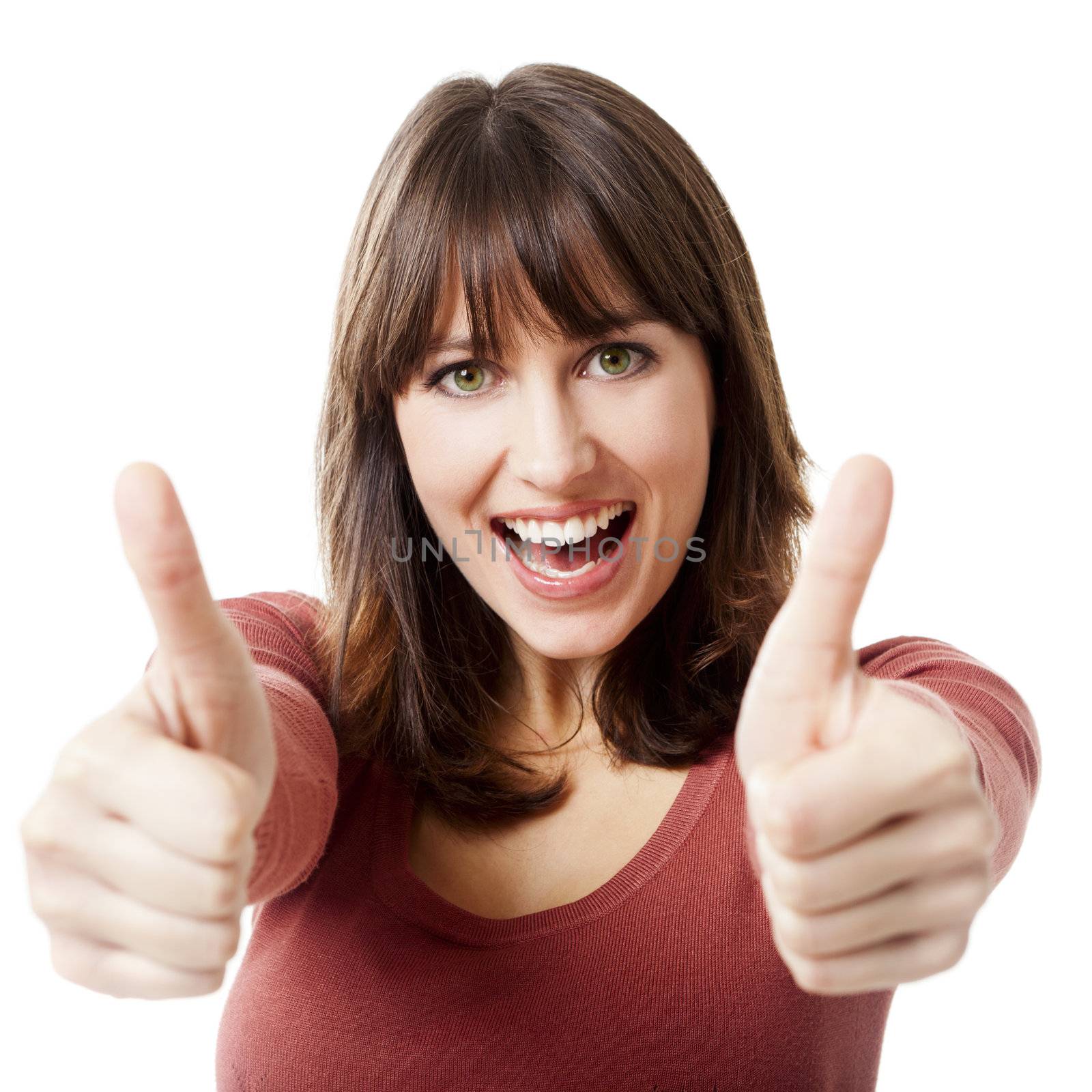 Beautiful woman porttrait showing thumbs up, isolated over a white background