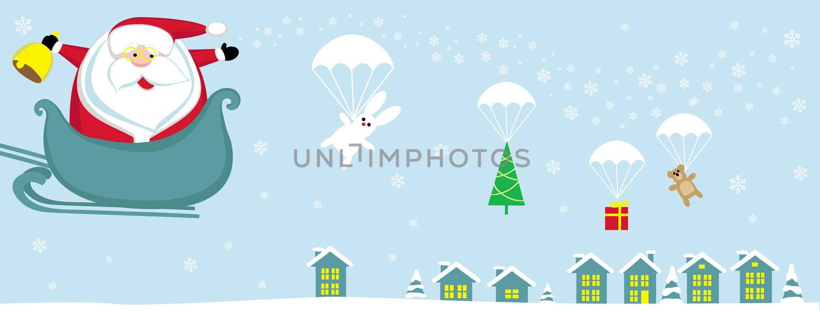 Cartoon Santa with bell in sleight dropping presents with parachutes