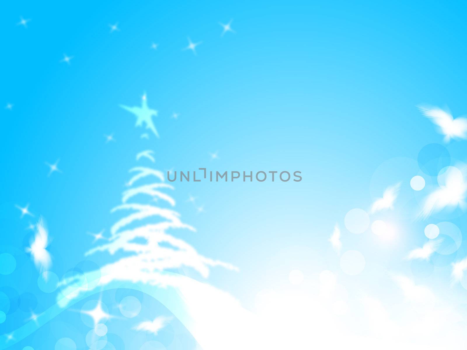 Christmas background with tree and flying birds