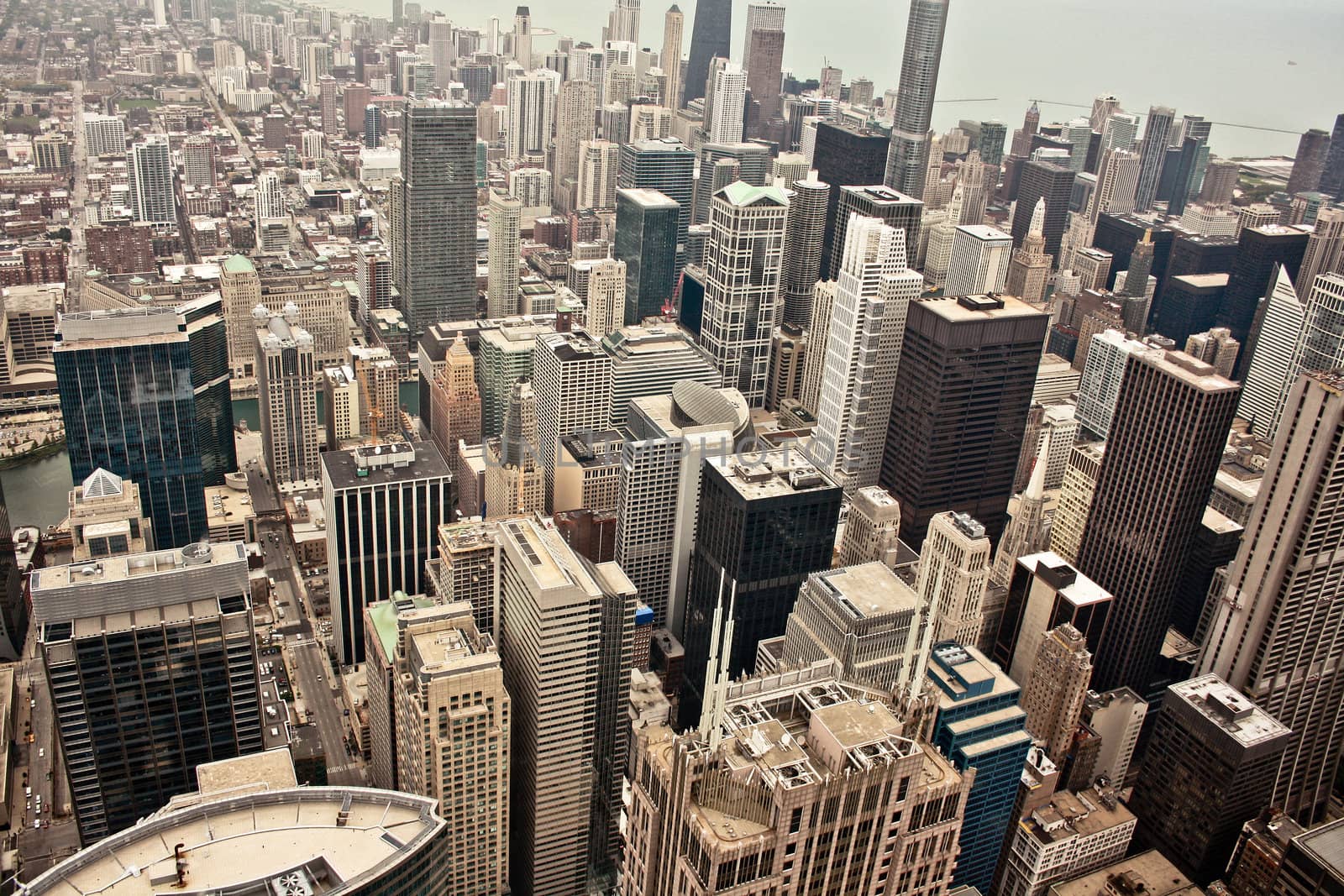 Aerial view of the city of Chicago showing the densely packed buildings