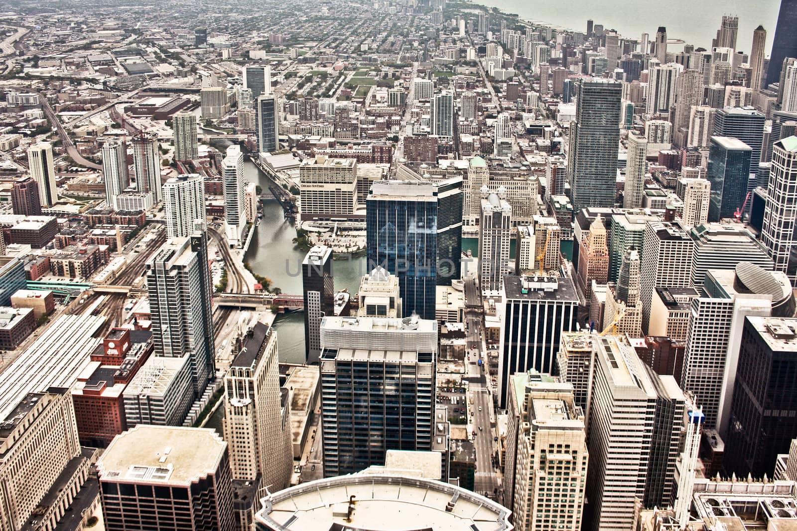 Aerial view of the city of Chicago showing the densely packed buildings