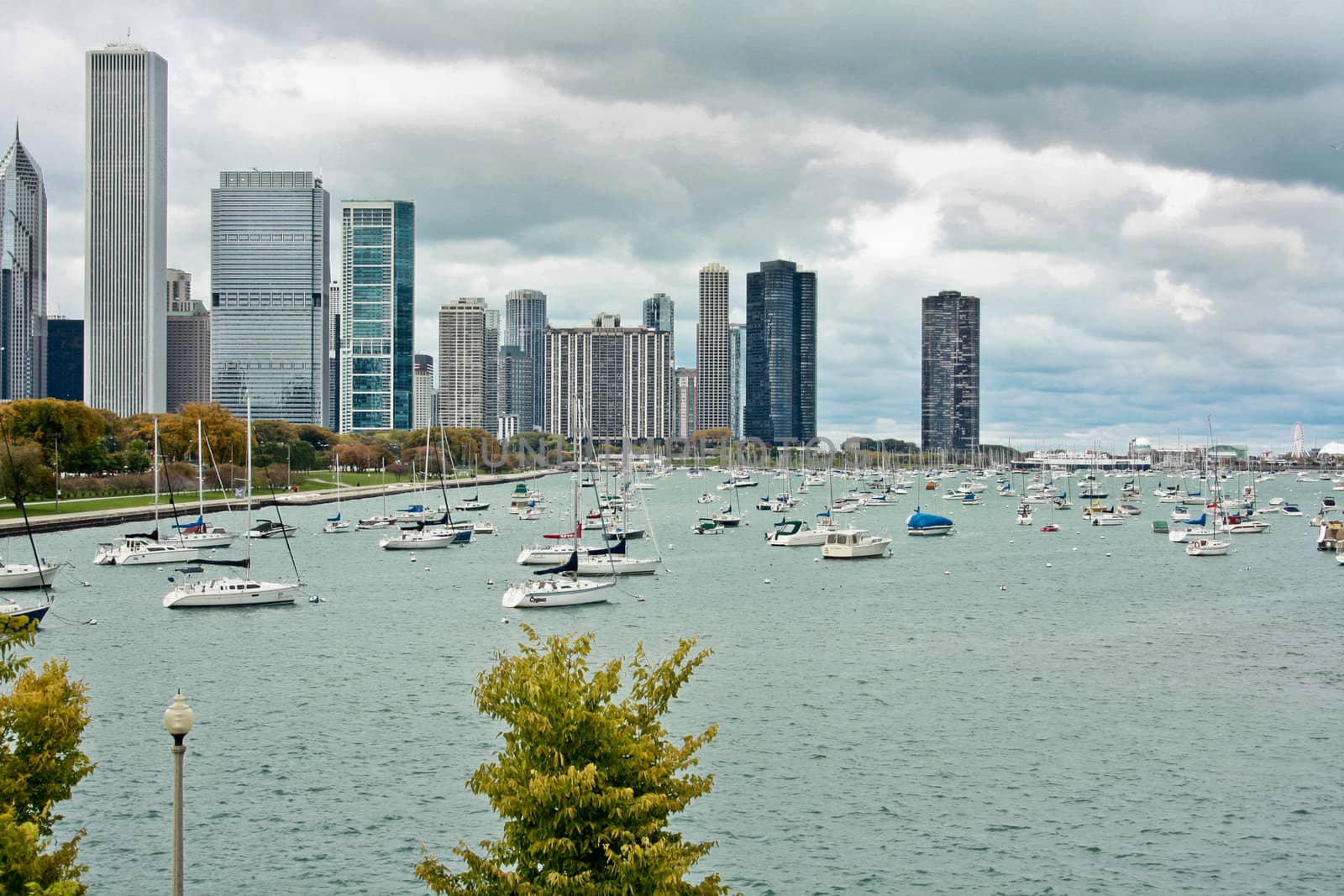 Chicago skyline near the shore of Lake Michigan