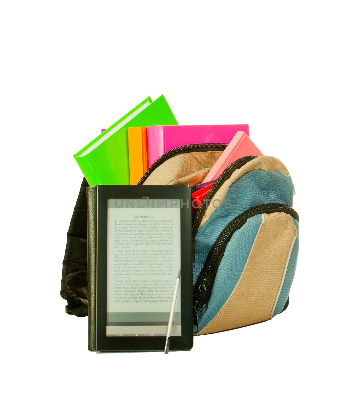 Electronic book with books in backpack isolated on white background