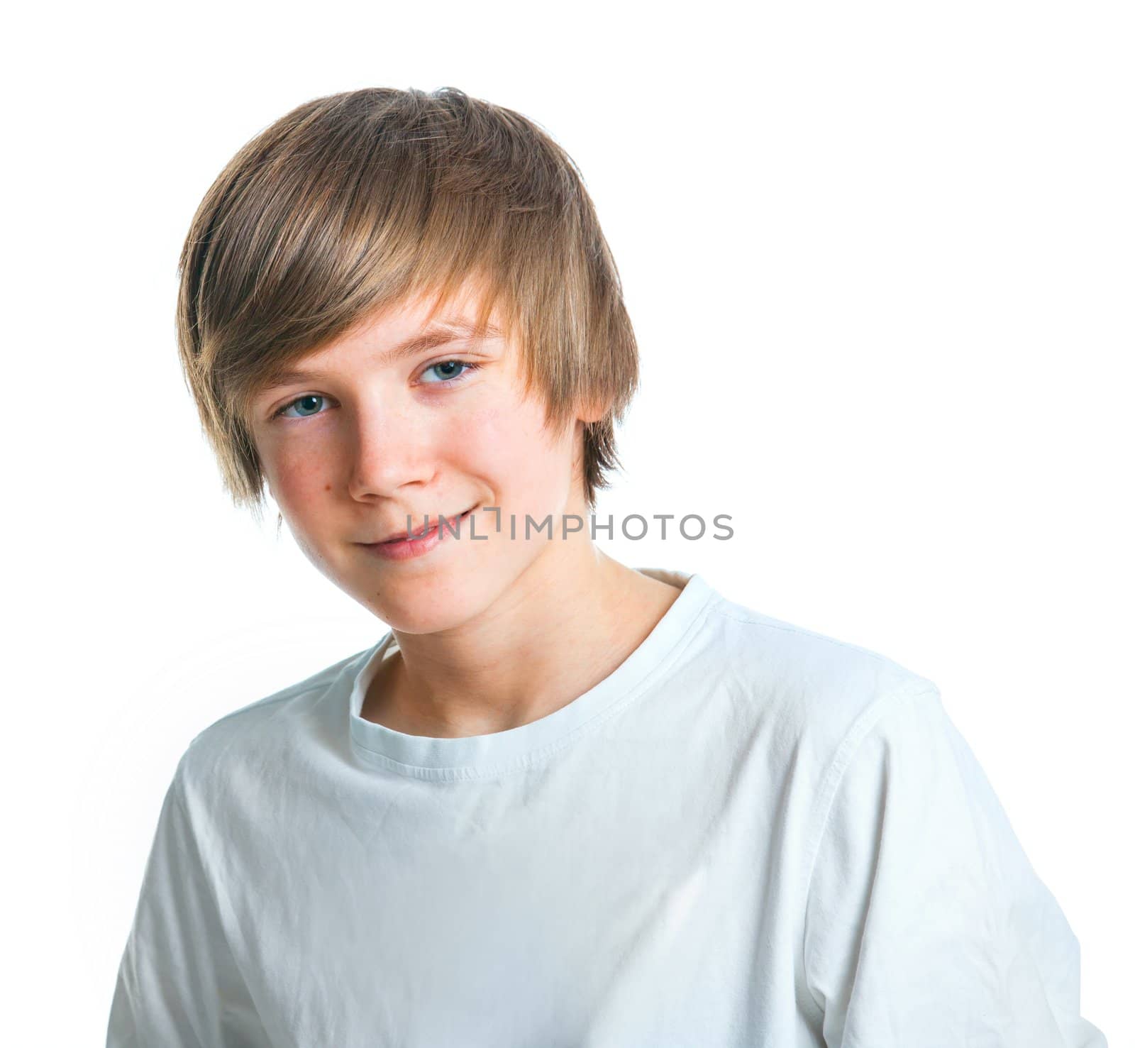 Close up portrait of young smiling cute teenager in white, isolated on white