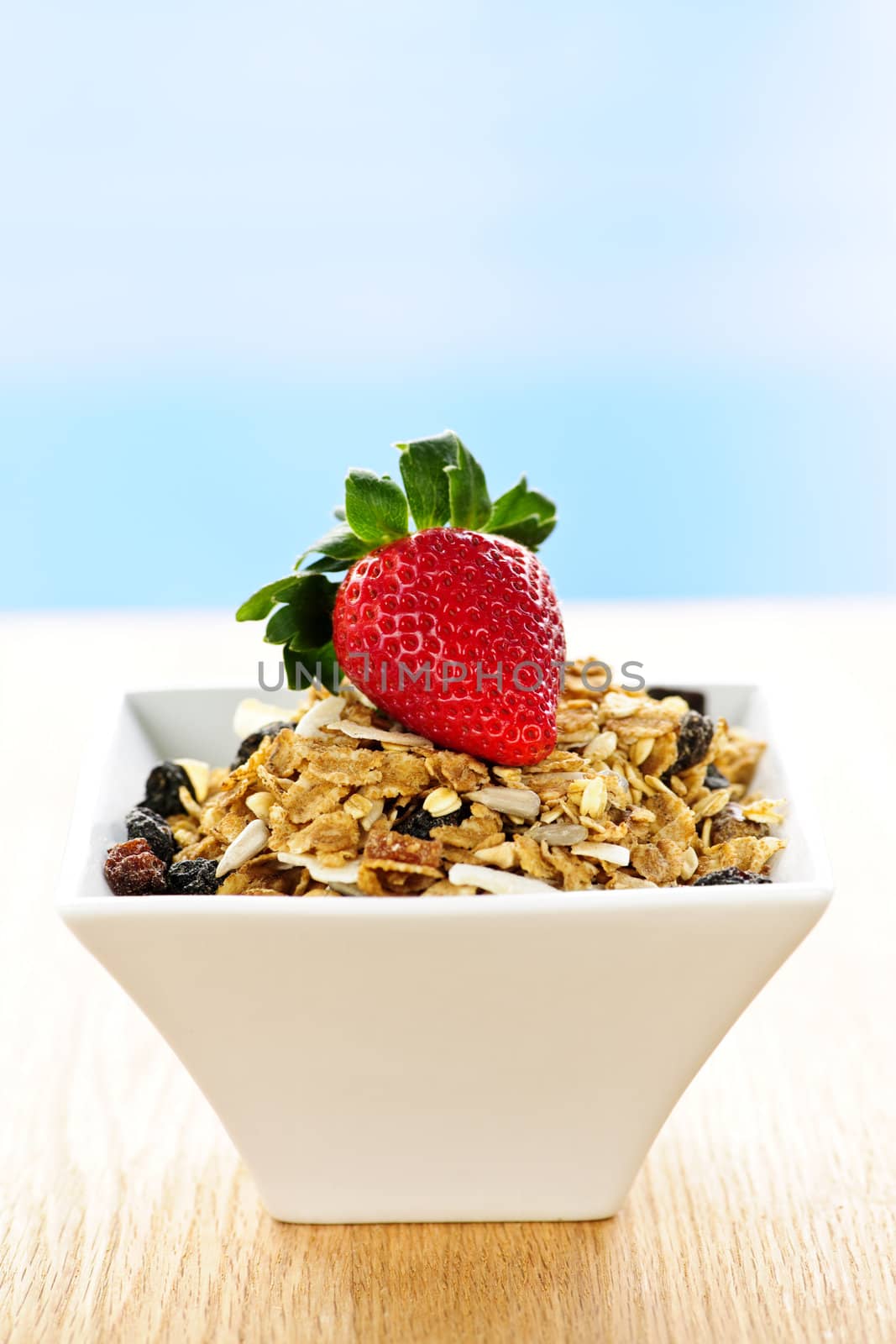 Bowl of granola cereal with fresh strawberry