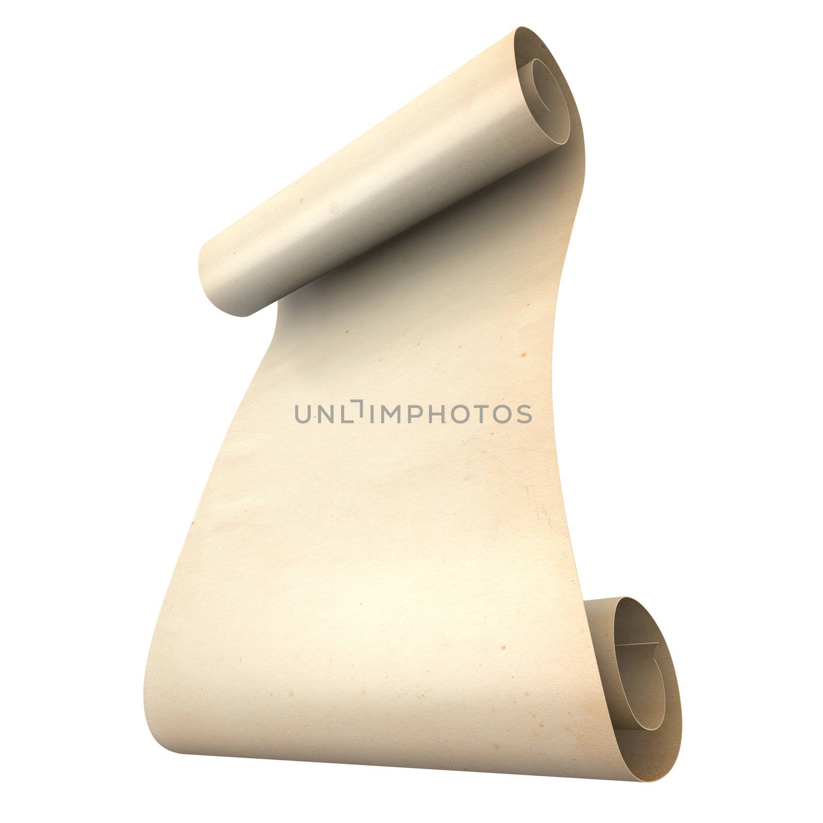 An ancient scroll. 3D rendered Illustration. Isolated on white. 