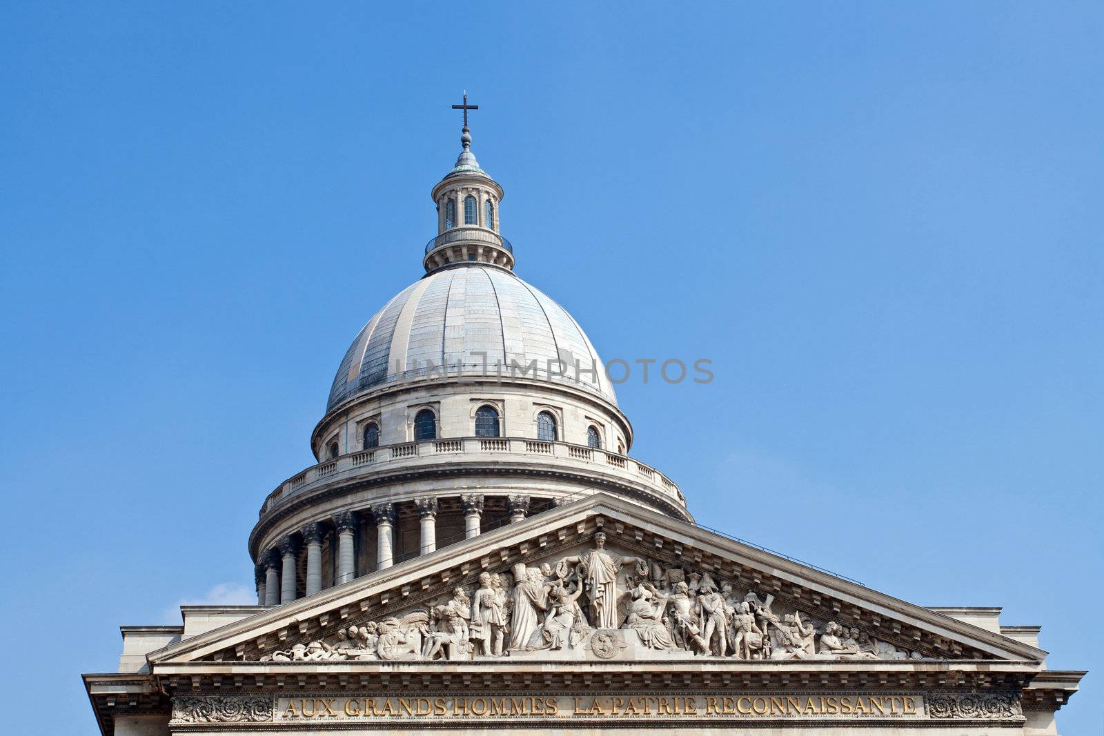 Close up of Pantheon with perfect sky in summer time at Paris France