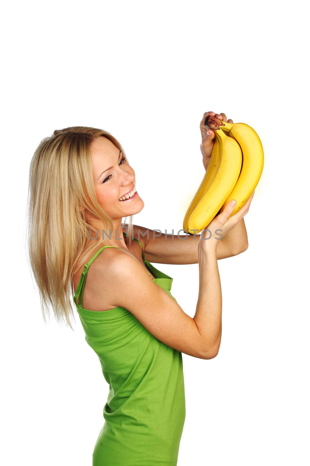 woman holding a bunch of bananas on white background