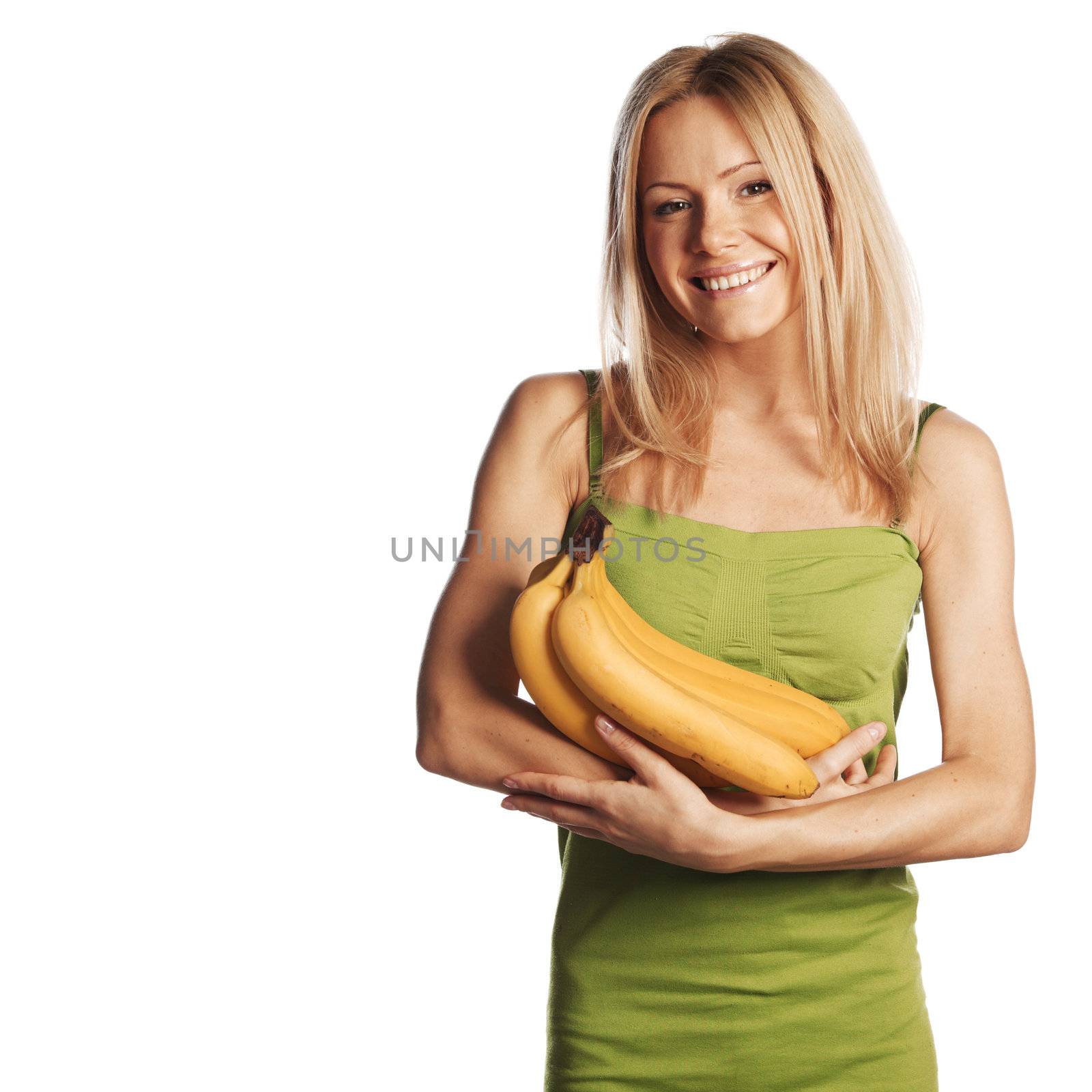 woman holding a bunch of bananas on white background