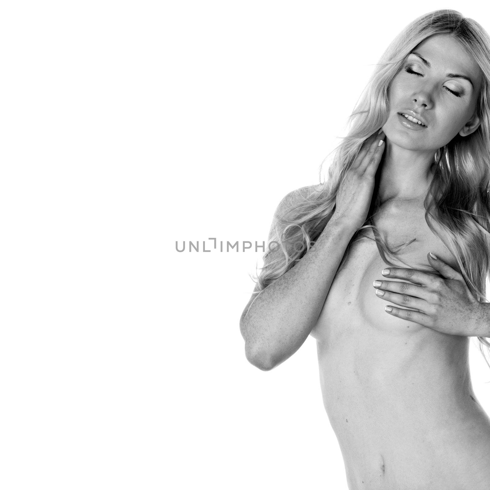 nude woman isolated on white BW portrait