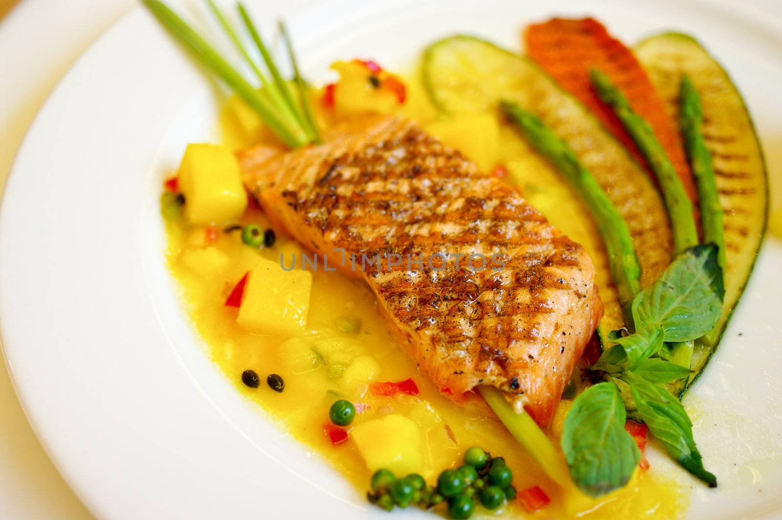 Grilled Salmon steak with mango sauce