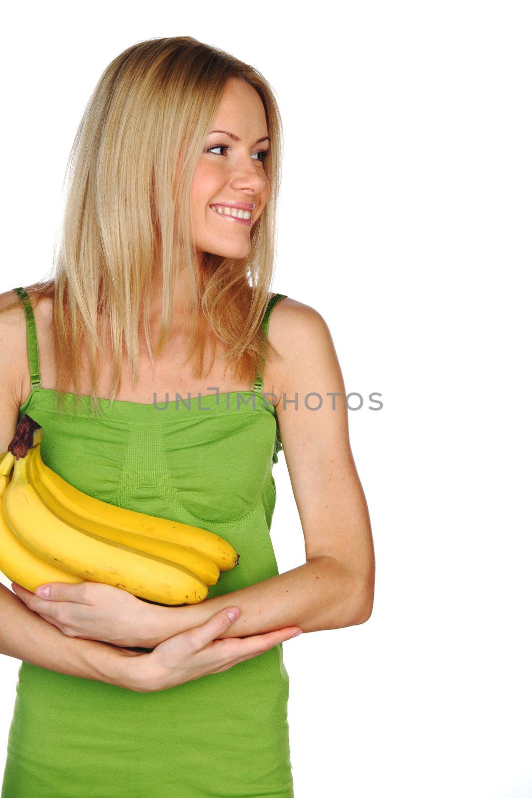 woman holding a bunch of bananas on white background