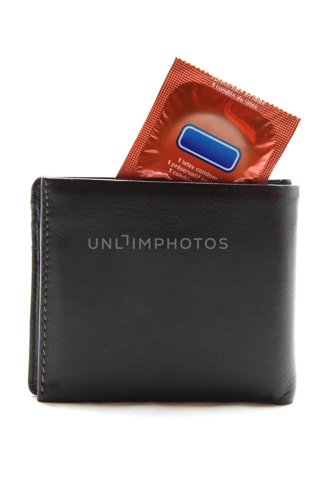 orange condom in black leather wallet