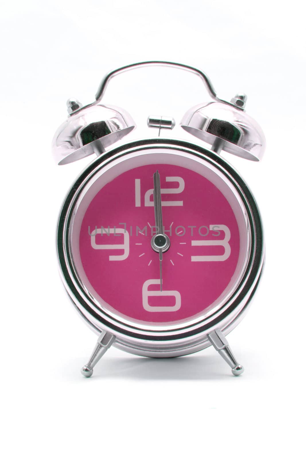 pink alarm clock front perspective
