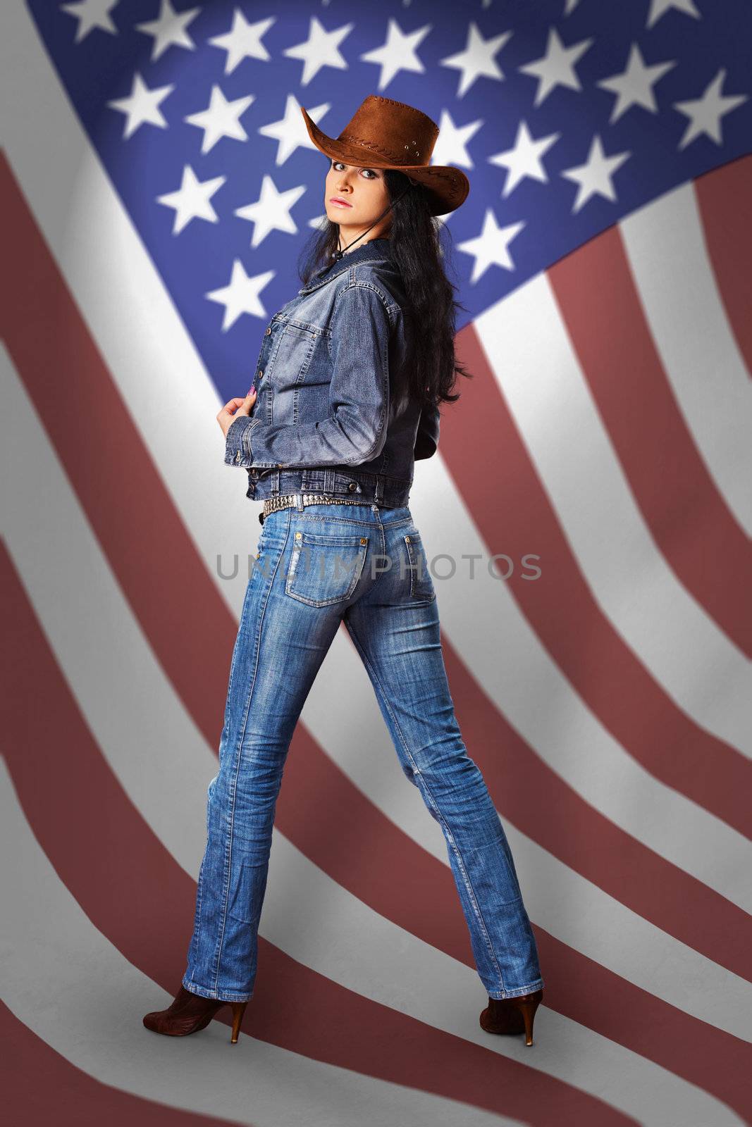 Beautiful young woman in a denim dress and a cowboy hat on a background of the American flag