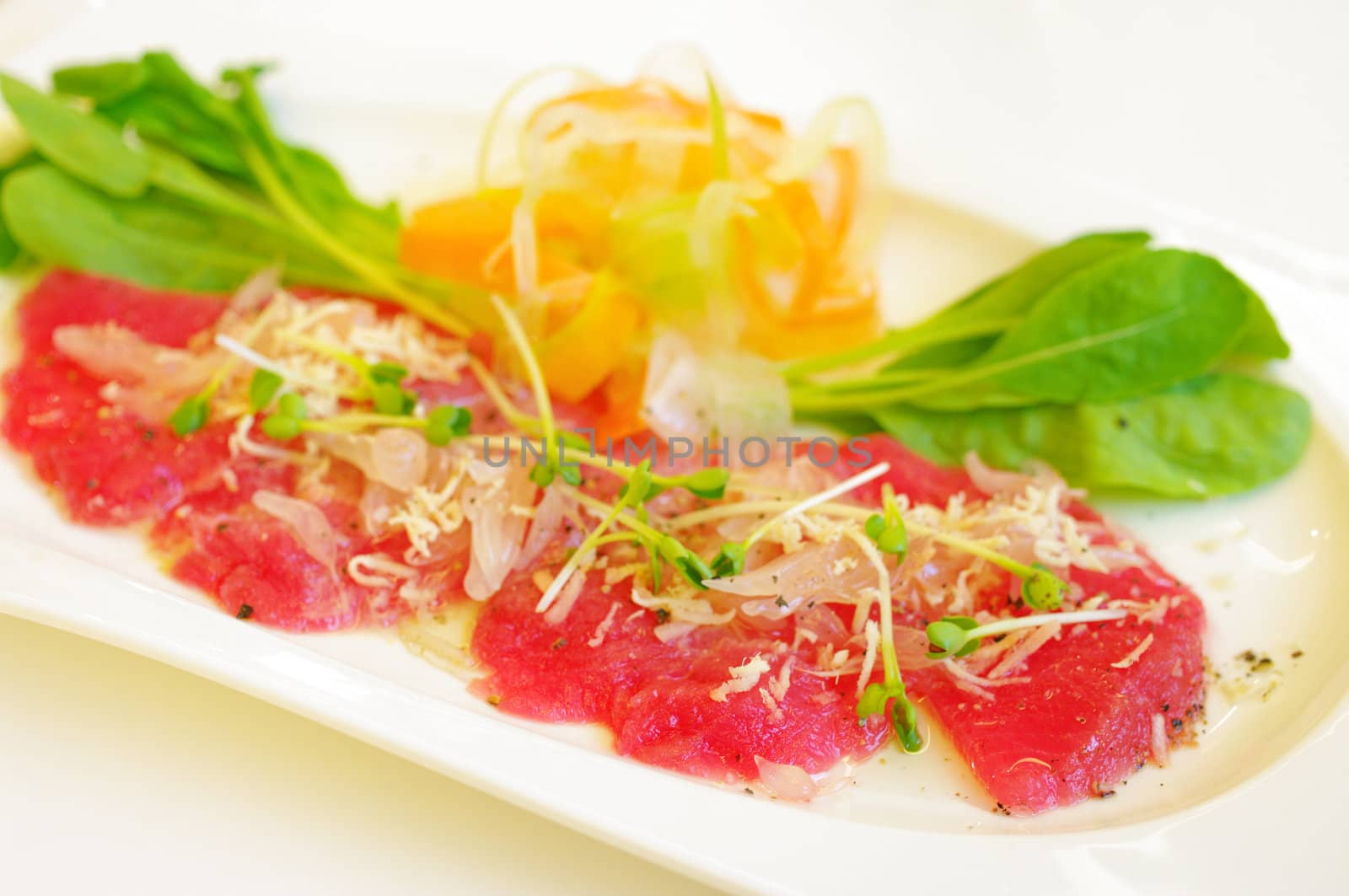 Salmon in white dish, Seafood background