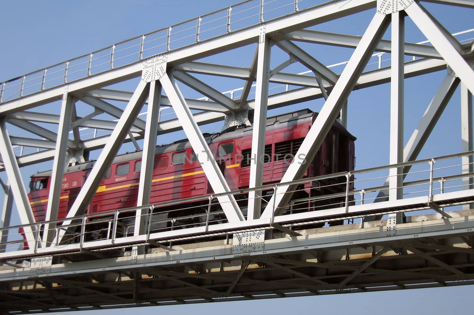 Train truck and railroad bridge on river