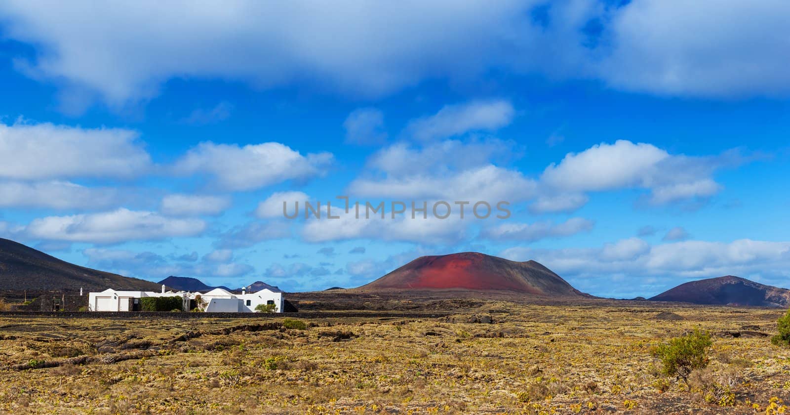 Panorama of a typical cottage, built on the lava of the volcano. Lanzarote, Canary Islands