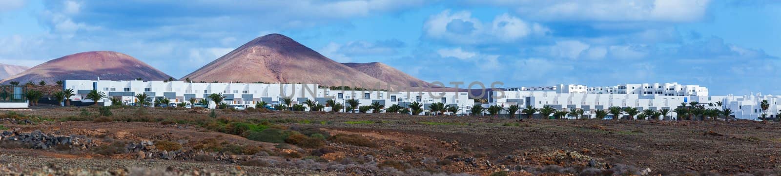 Panorama of a typical cottage town, built on the lava of the volcano. Lanzarote, Canary Islands