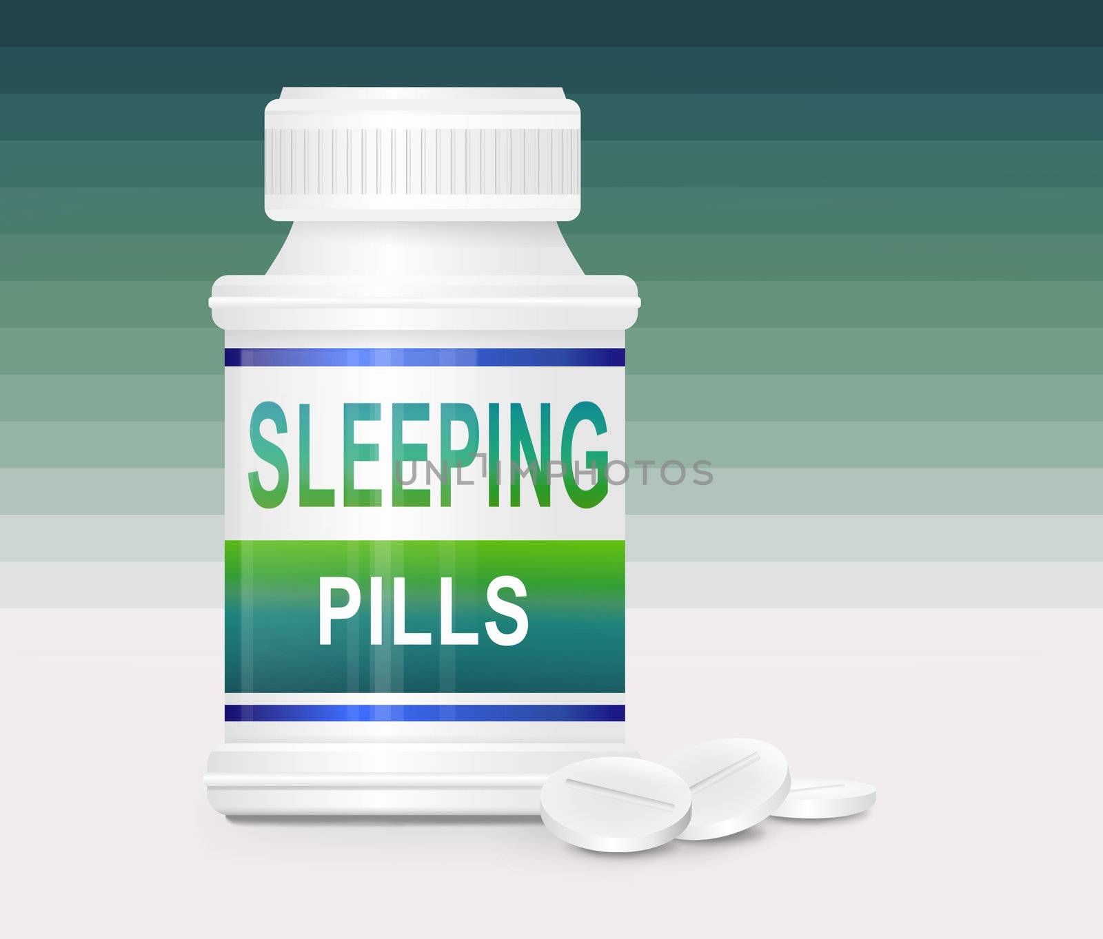 Illustration depicting a single medication container with the words 'sleeping pills' on the front with green gradient striped background and a few tablets in the foreground.