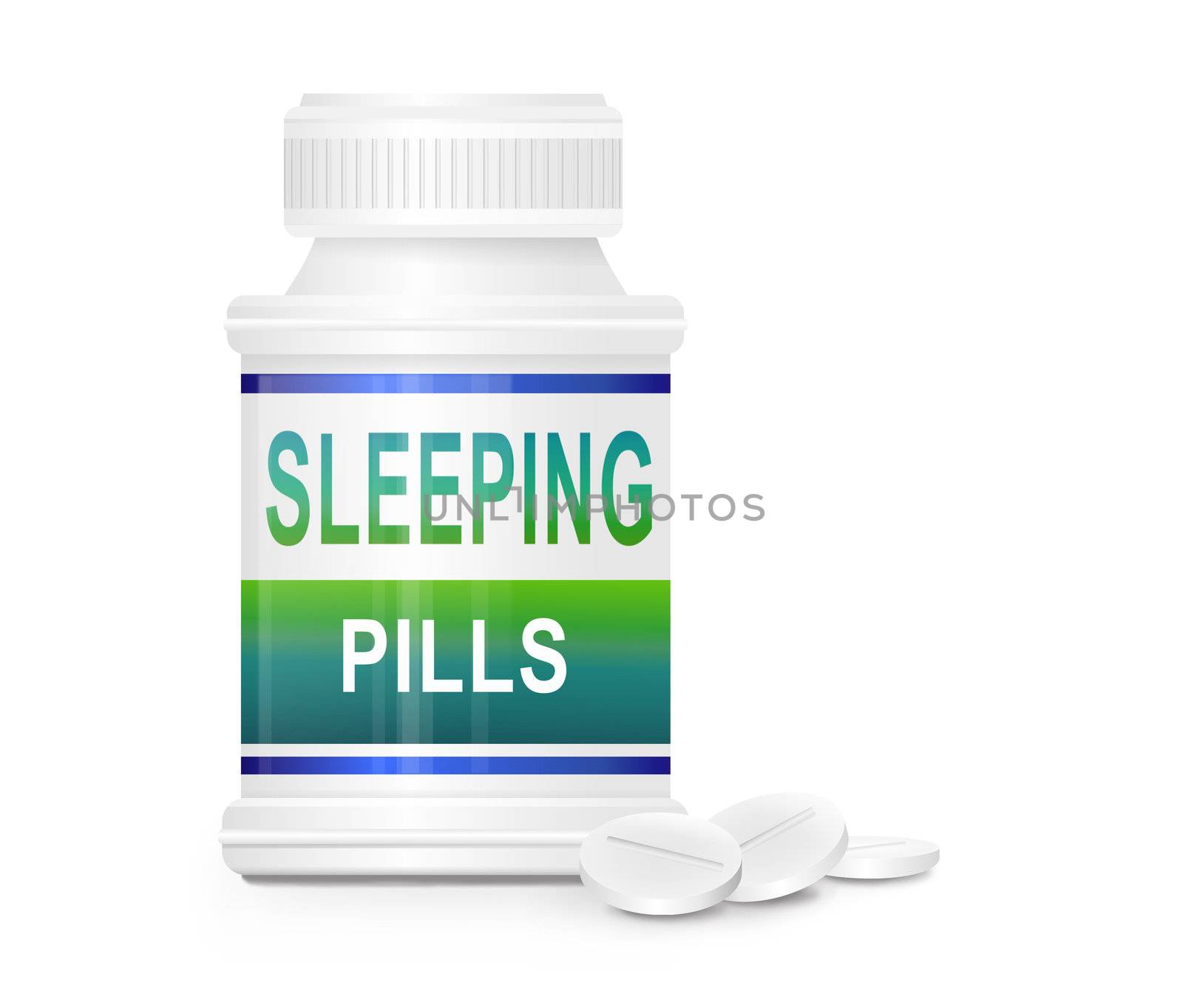 Illustration depicting a single medication container with the words 'sleeping pills' on the front with white background and a few tablets in the foreground.
