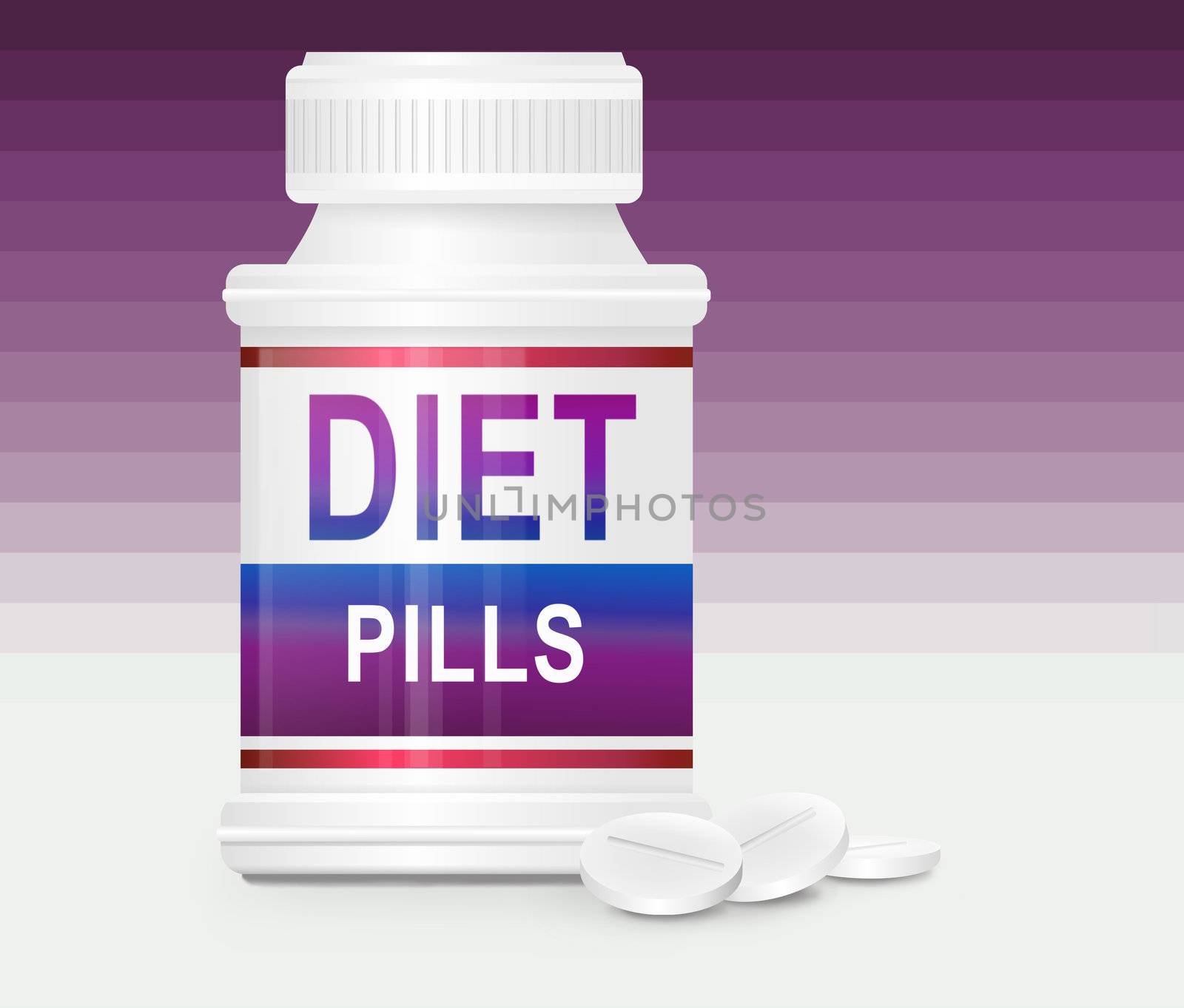 Illustration depicting a single medication container with the words 'diet pills' on the front with purple gradient stripe background and a few tablets in the foreground.