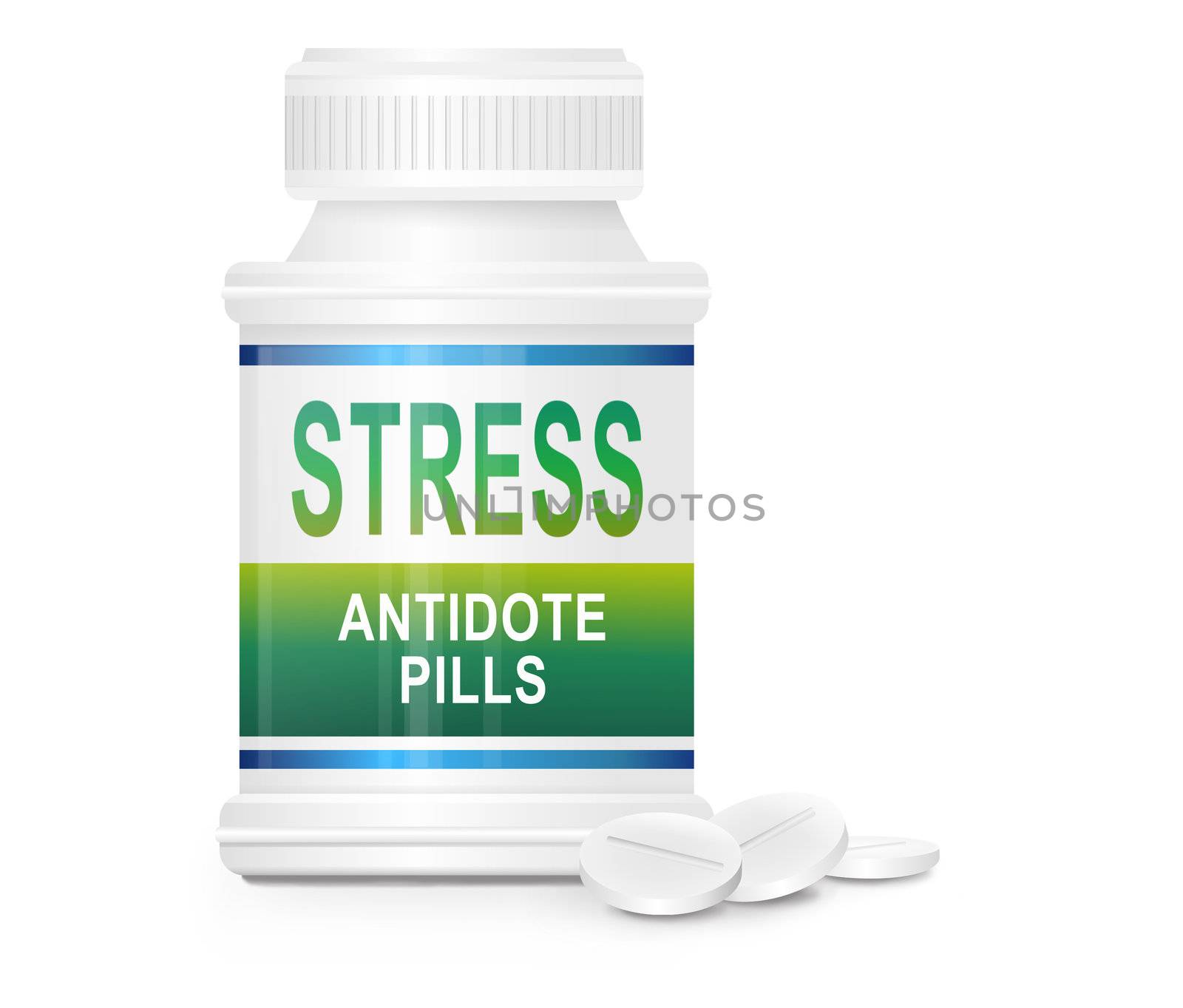 Illustration depicting a single medication container with the words 'stress antidote pills' on the front with white background and a few tablets in the foreground.