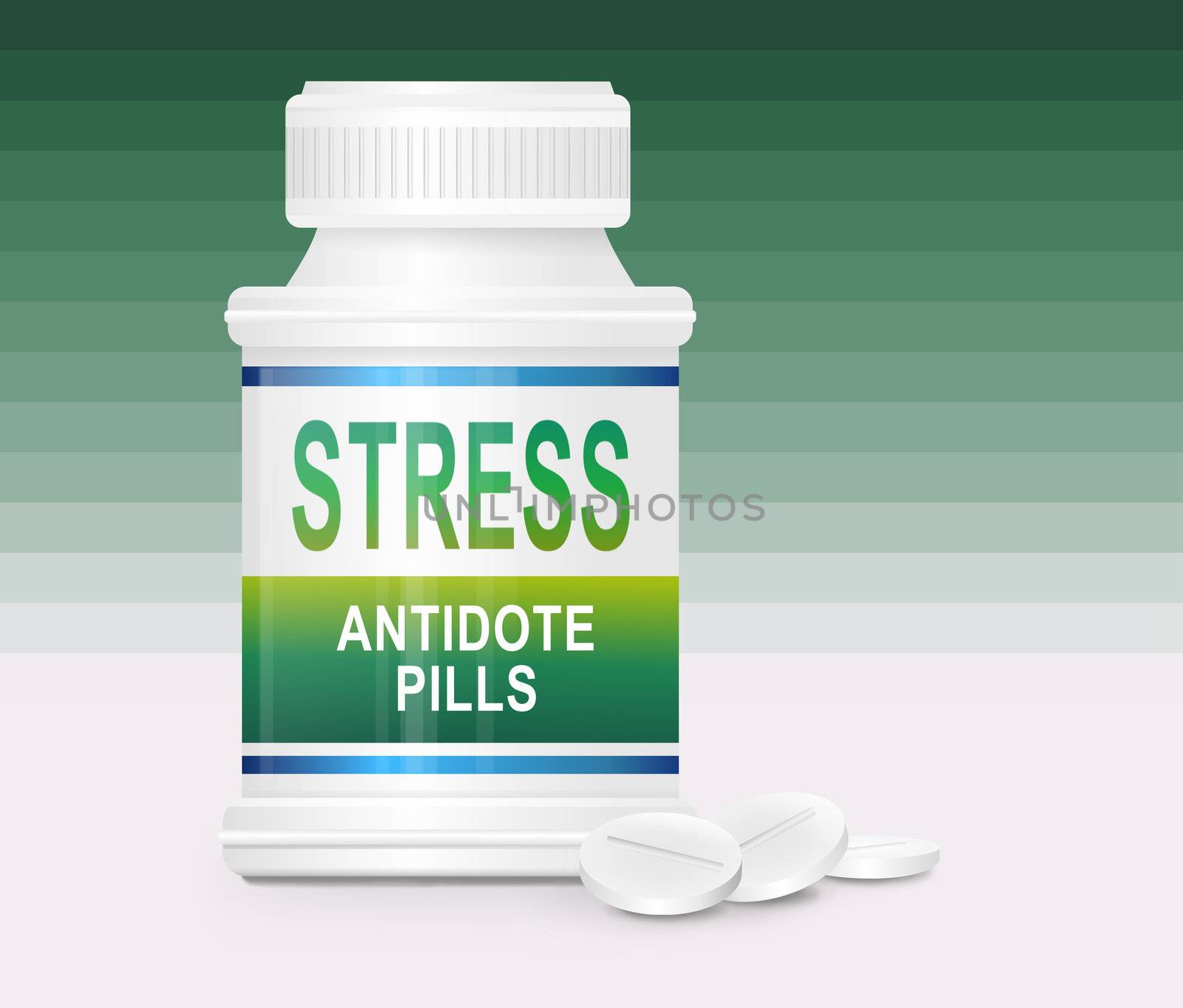 Illustration depicting a single medication container with the words 'stress antidote pills' on the front with green gradient striped background and a few tablets in the foreground.