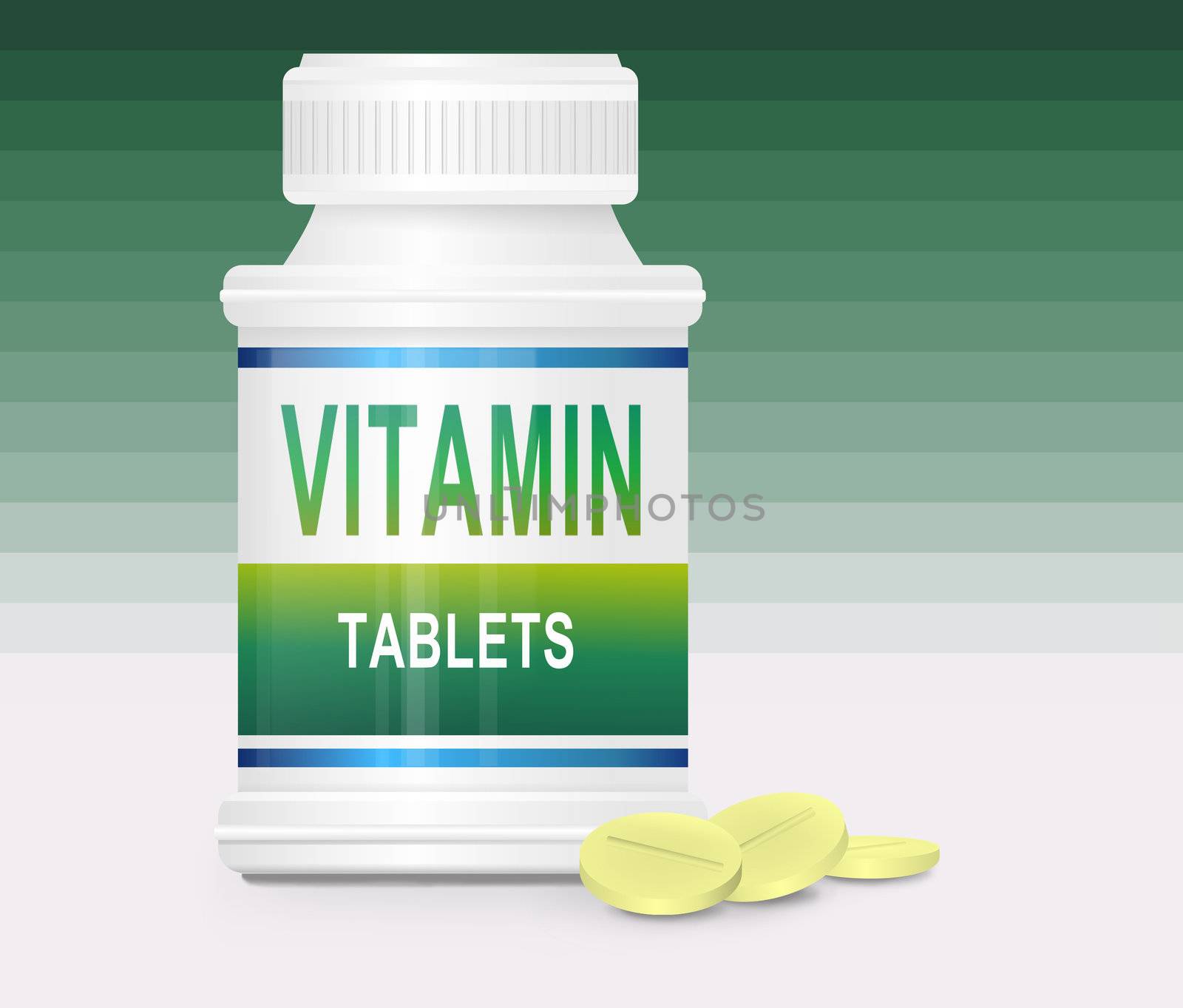 Illustration depicting a single medication container with the words 'vitamin tablets' on the front with green gradient stripe background and a few tablets in the foreground.