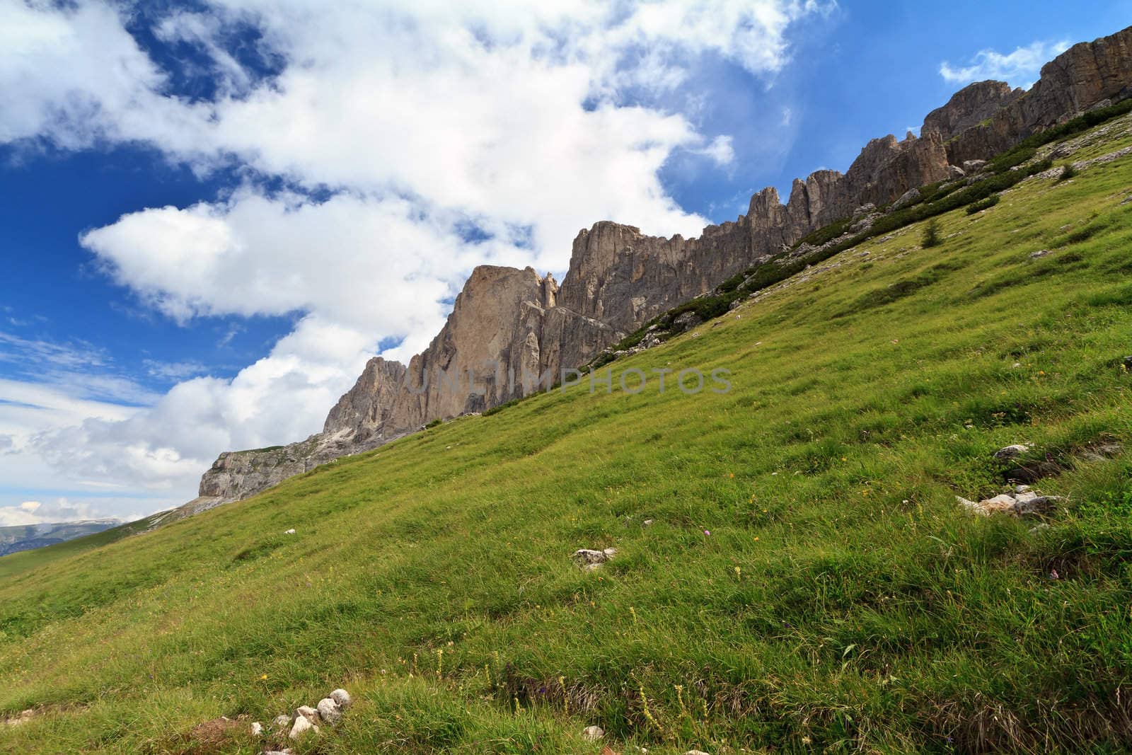 green slope beneath Catinaccio mountain, Italian Dolomites