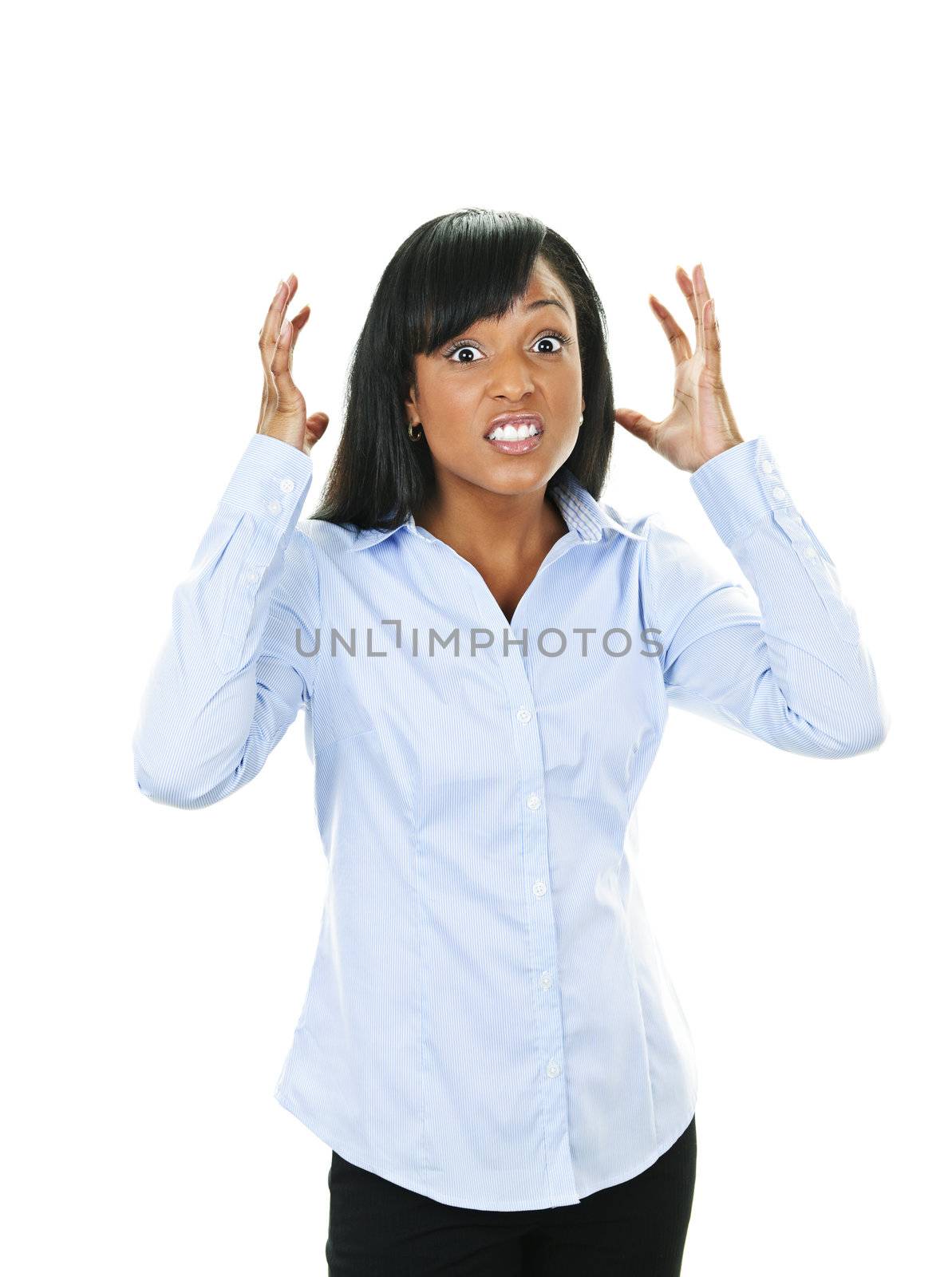 Frustrated black woman with arms raised isolated on white background