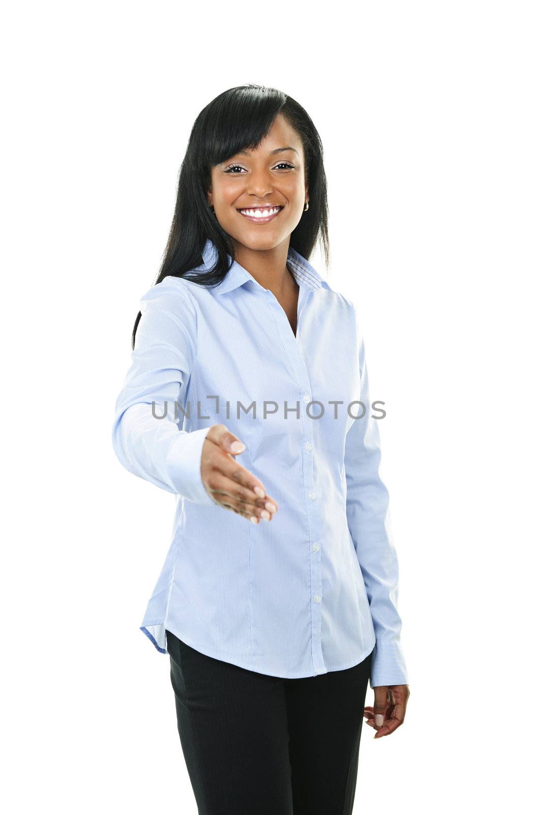 Smiling black woman offering hand for handshake isolated on white background