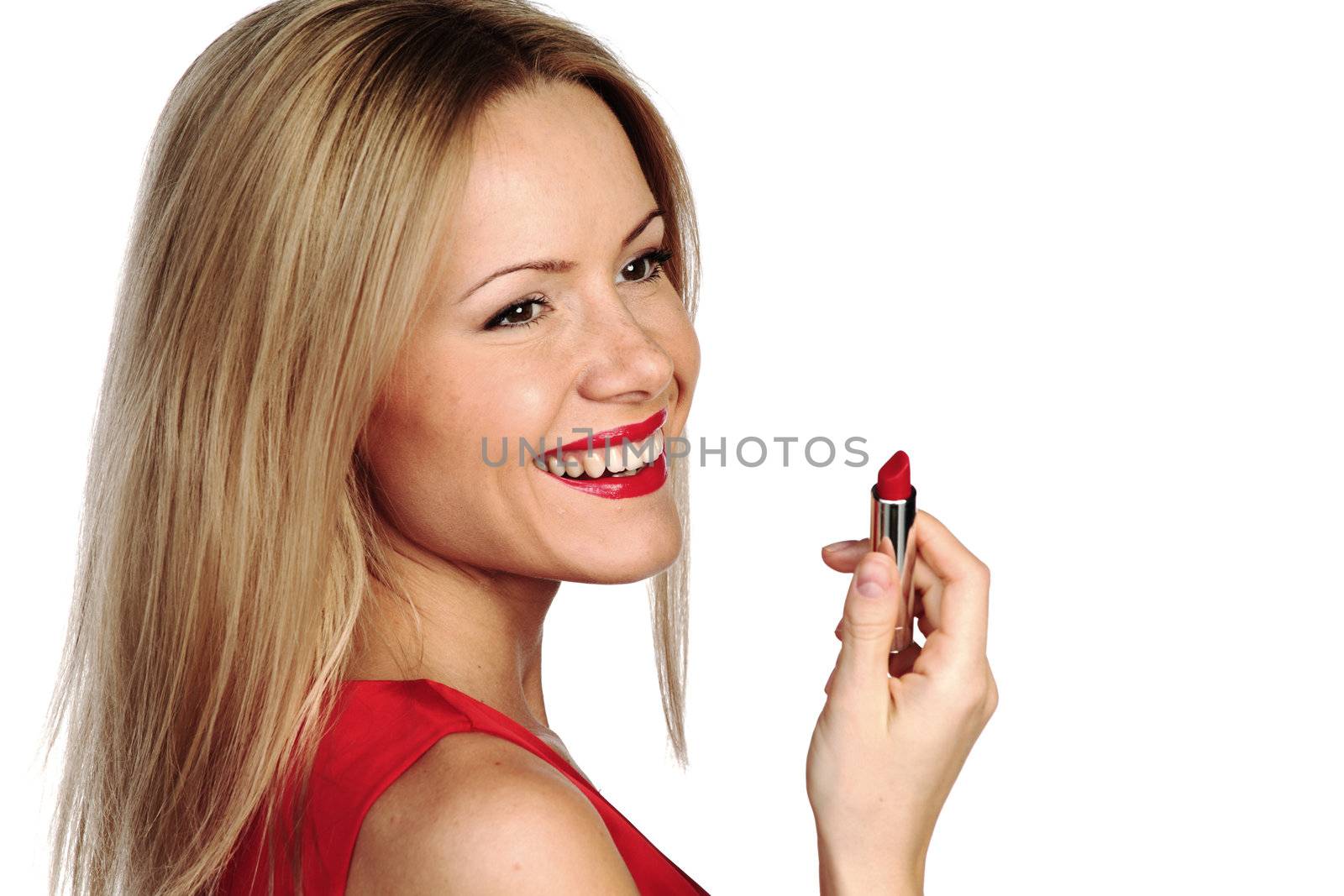 woman red lipstick isolated on white