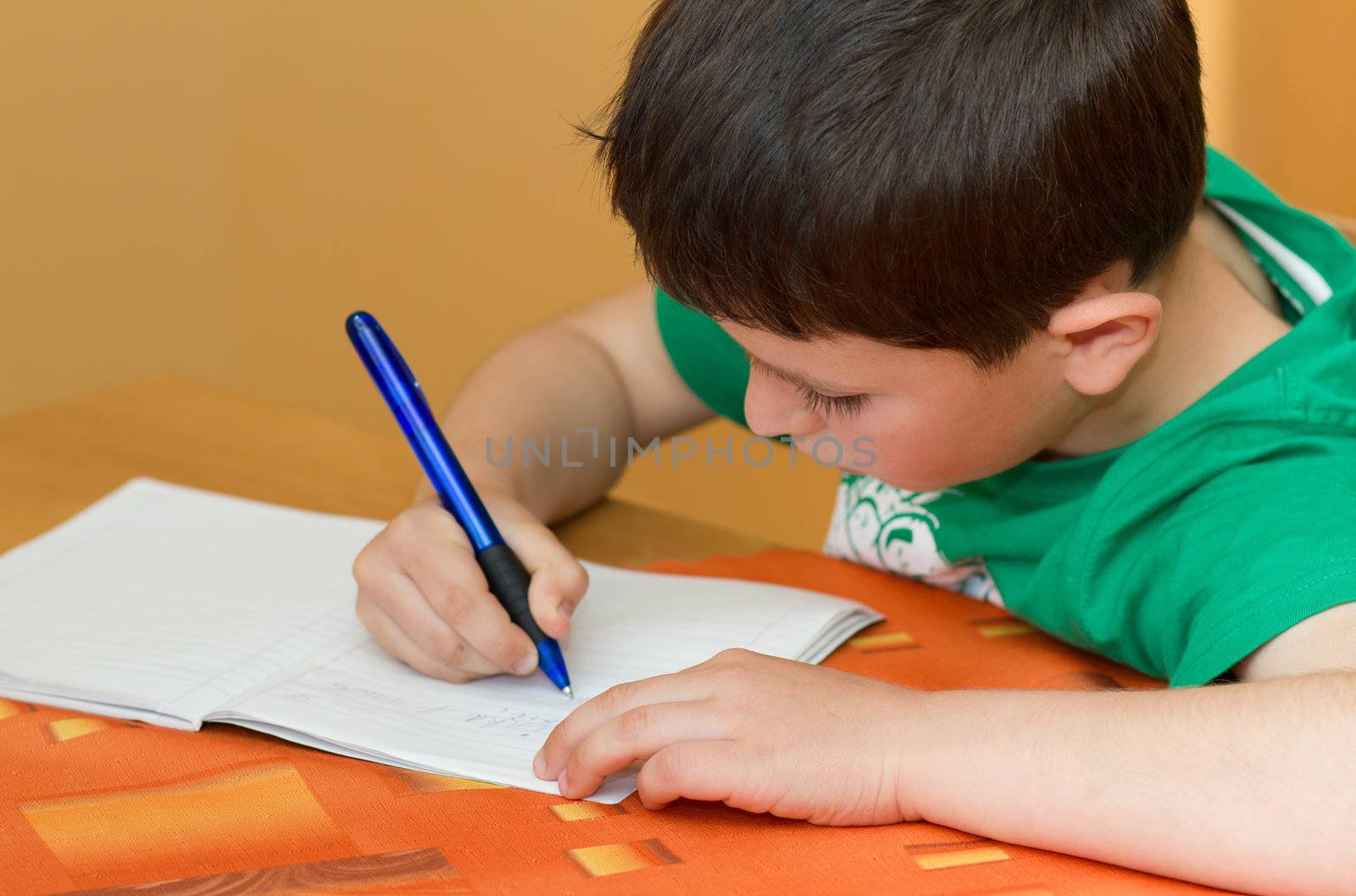 boy writting homework from school in workbook by artush