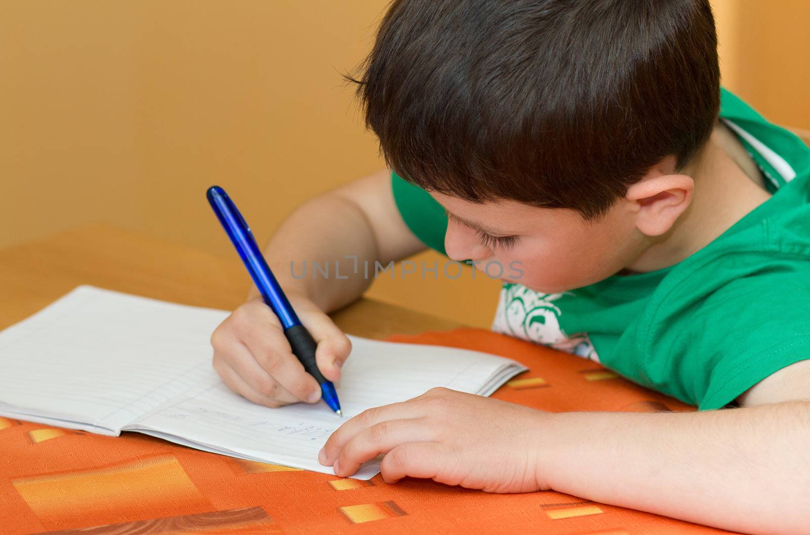 small school boy writting homework from school in workbook