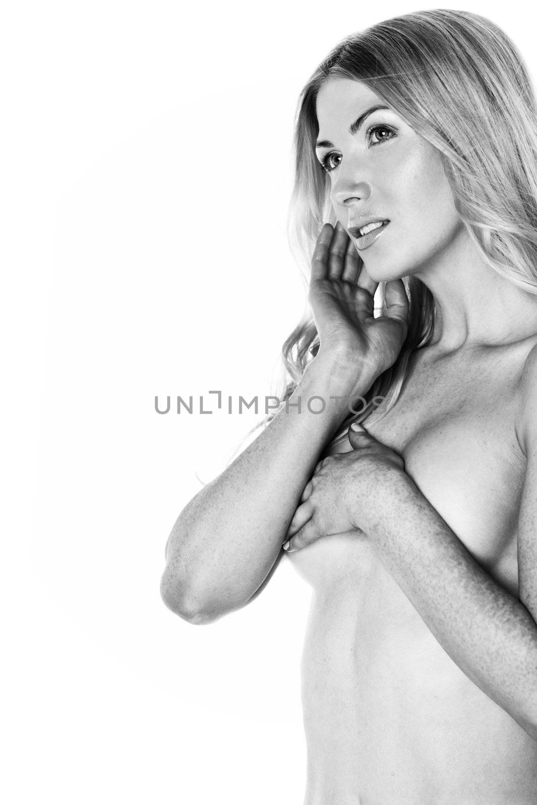 nude woman isolated on white BW portrait
