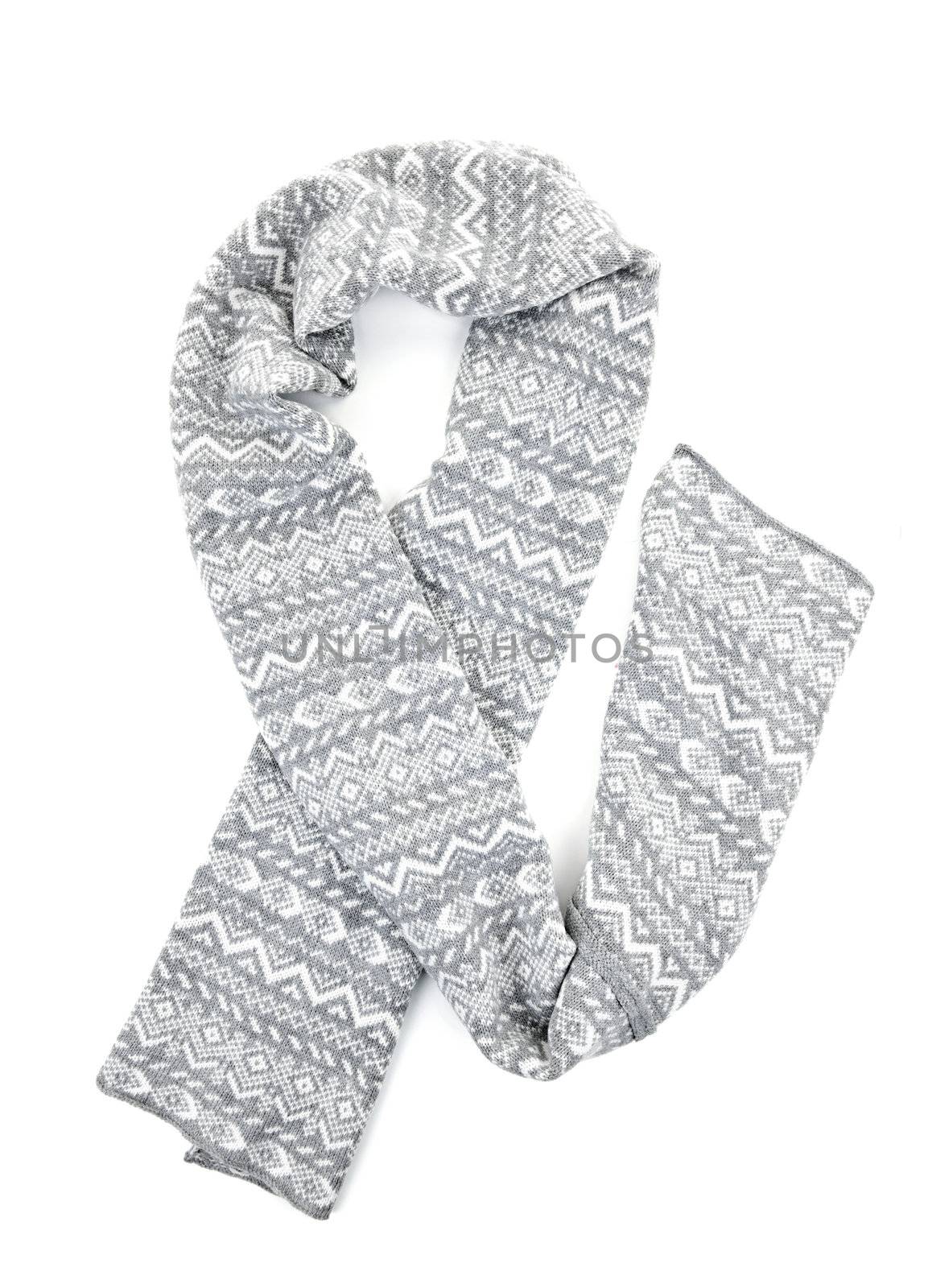 Gray winter wool scarf with pattern isolated on white