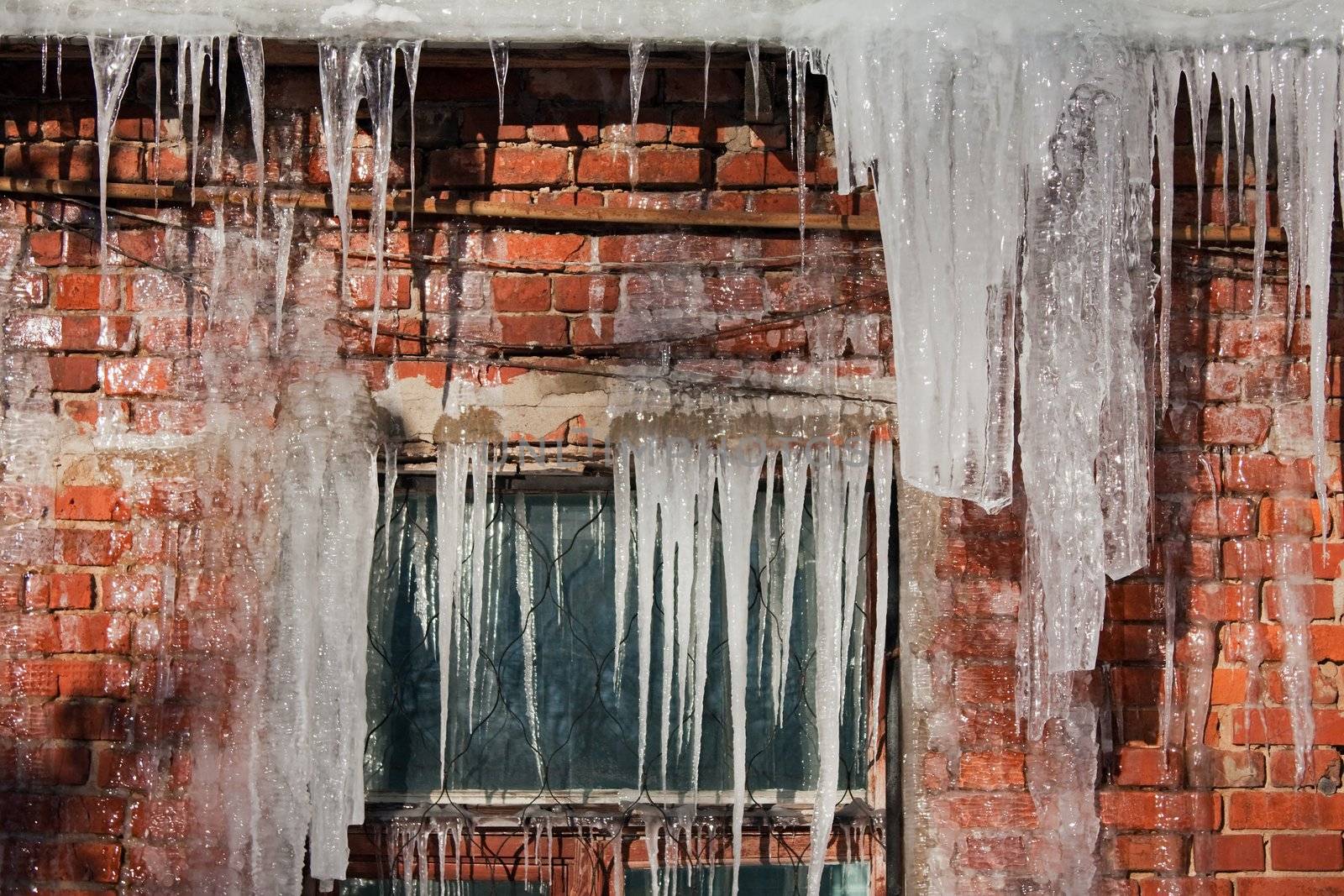 Cold snow winter frozen ice melting icicle on wall