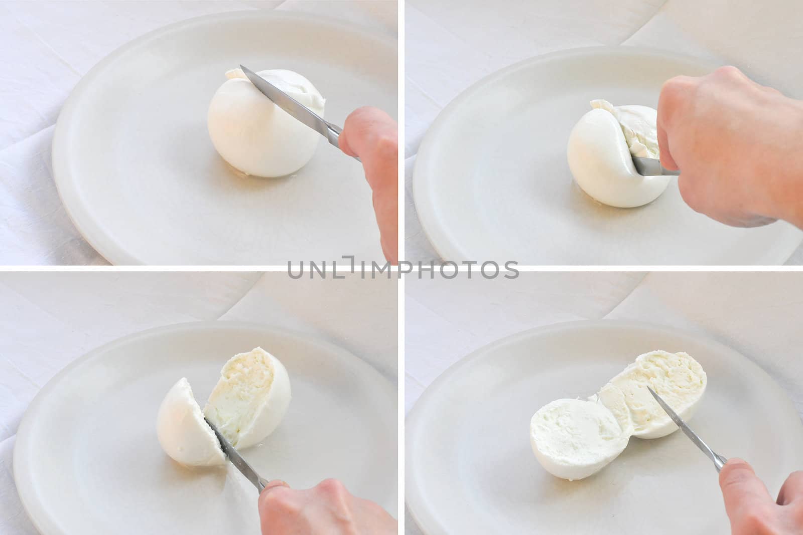 Traditional Italian mozzarella di bufala (buffalo mozzarella) cheese made from buffalo milk - slicing sequence