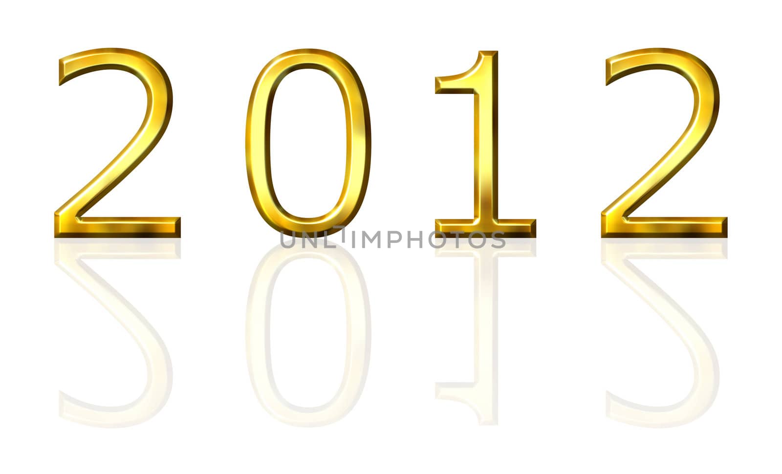 Year 2012 3d golden with reflection isolated in white