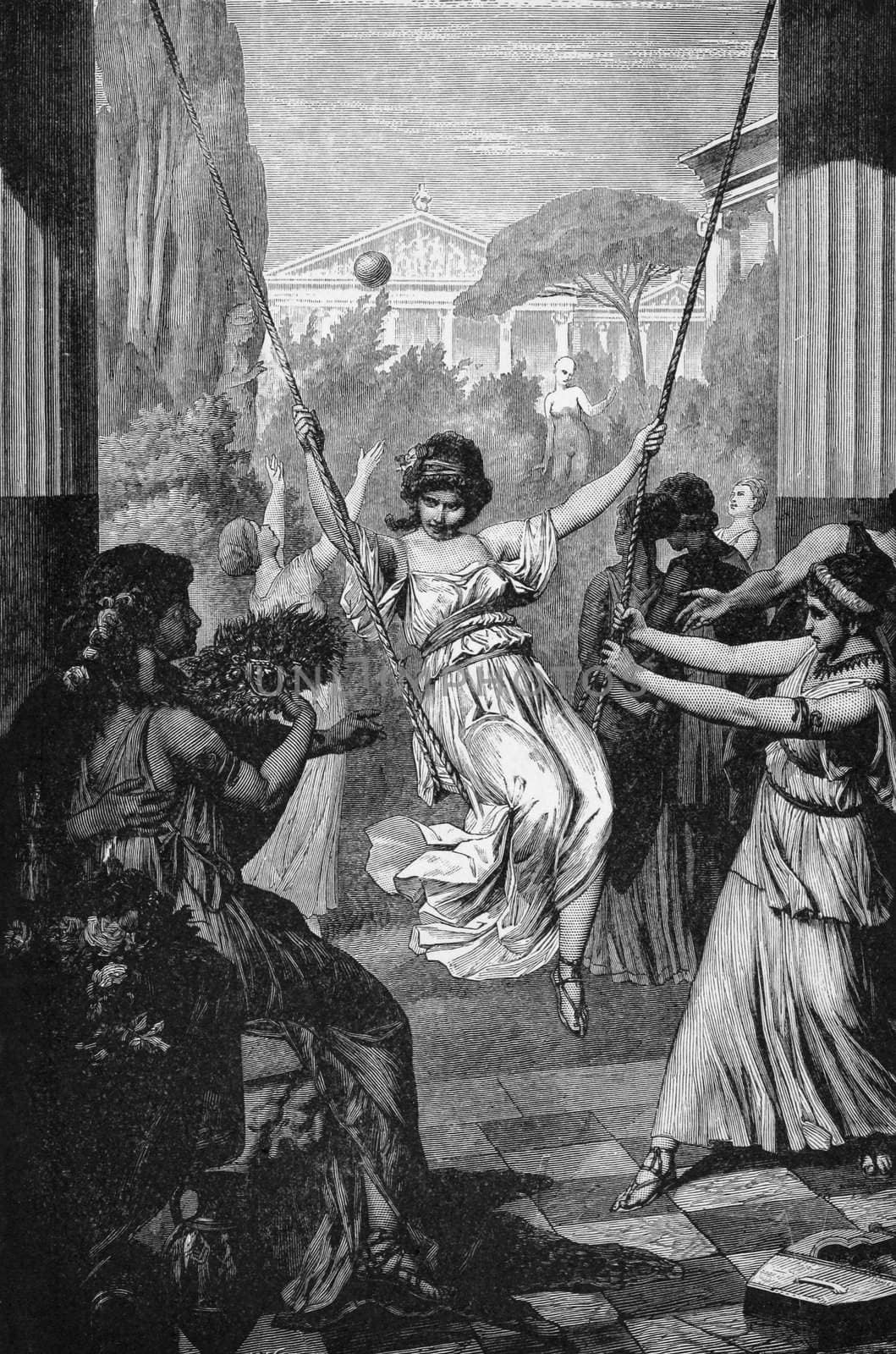 Sports of Ancient Greek Girls. Engraved by M.Weber and published in Pictorial History Of The Worlds Great Nations, United States, 1882.