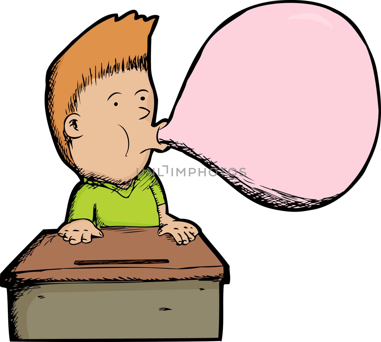 Young boy at desk blows a big gum bubble